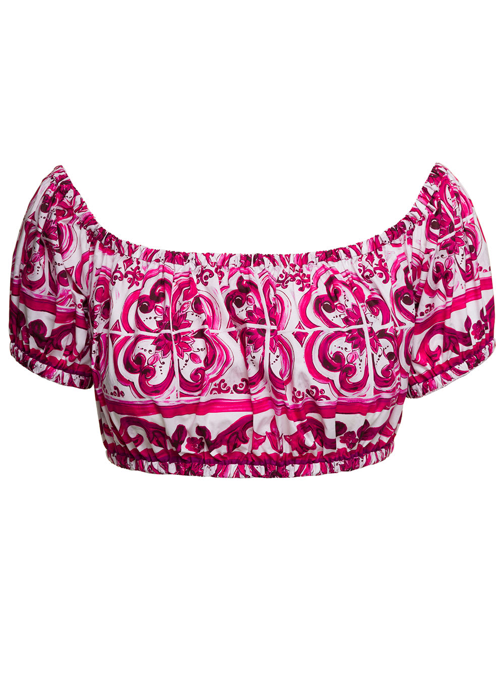 DOLCE & GABBANA FUCHSIA AND WHITE CROPPED TOP WITH BARDOT NECKLINE AND MAJOLICA PRINT IN COTTON WOMAN