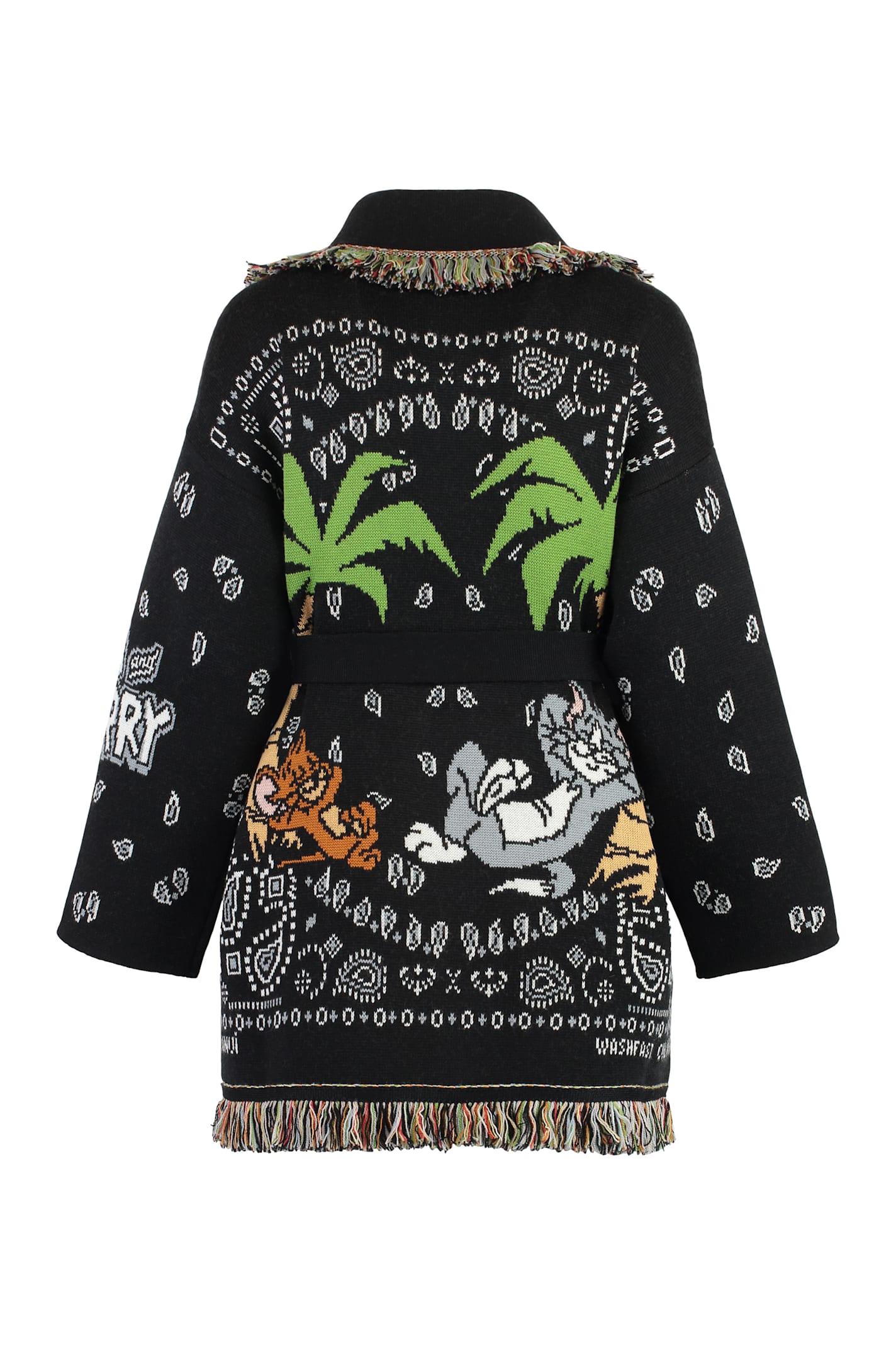 Alanui Fringed Belted Double Jacquard Cardigan In Black
