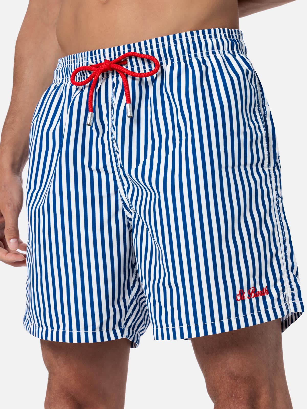Mc2 Saint Barth Man Mid-length Striped Gustavia Swim-shorts With St. Barth Embroidery In Blue