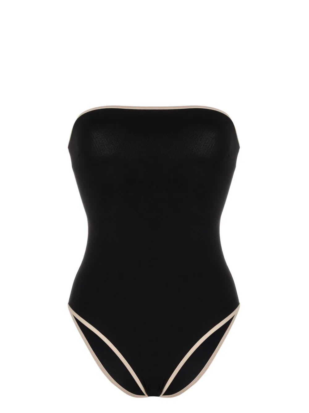 Shop Totême Stripe Edge Strapless Swimsuit In Black