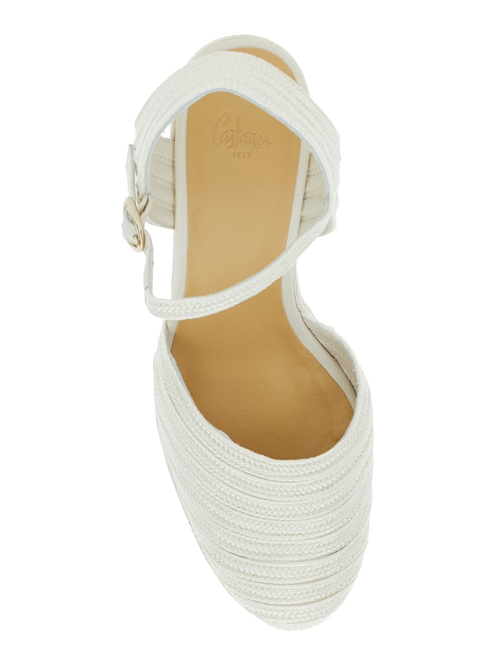 Shop Castaã±er Carolyn White Wedges With Strap In Metallic Raffia Woman