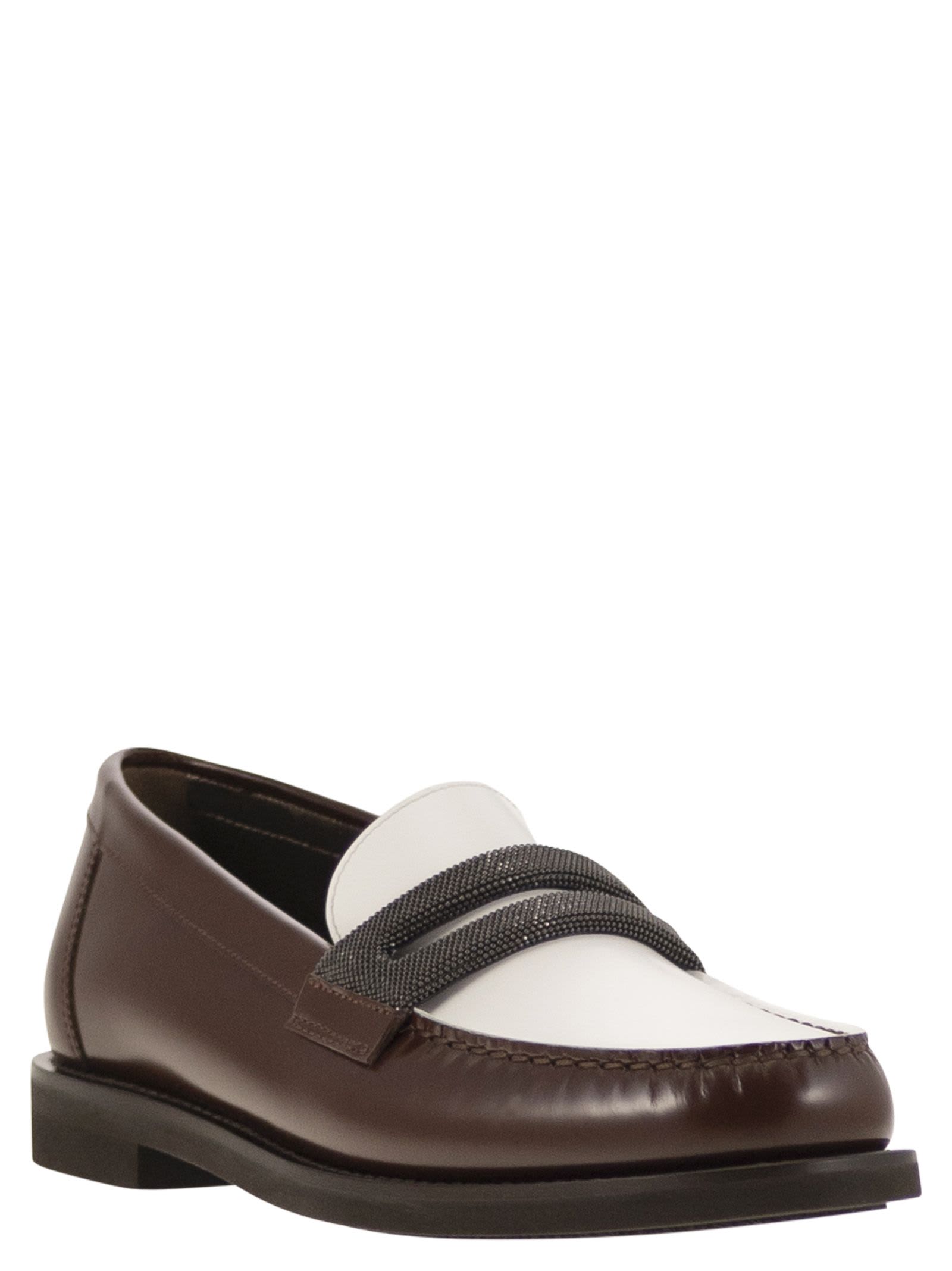 Brunello Cucinelli Brown Loafers With Monile Detail And Chain In Leather Woman In Castagno