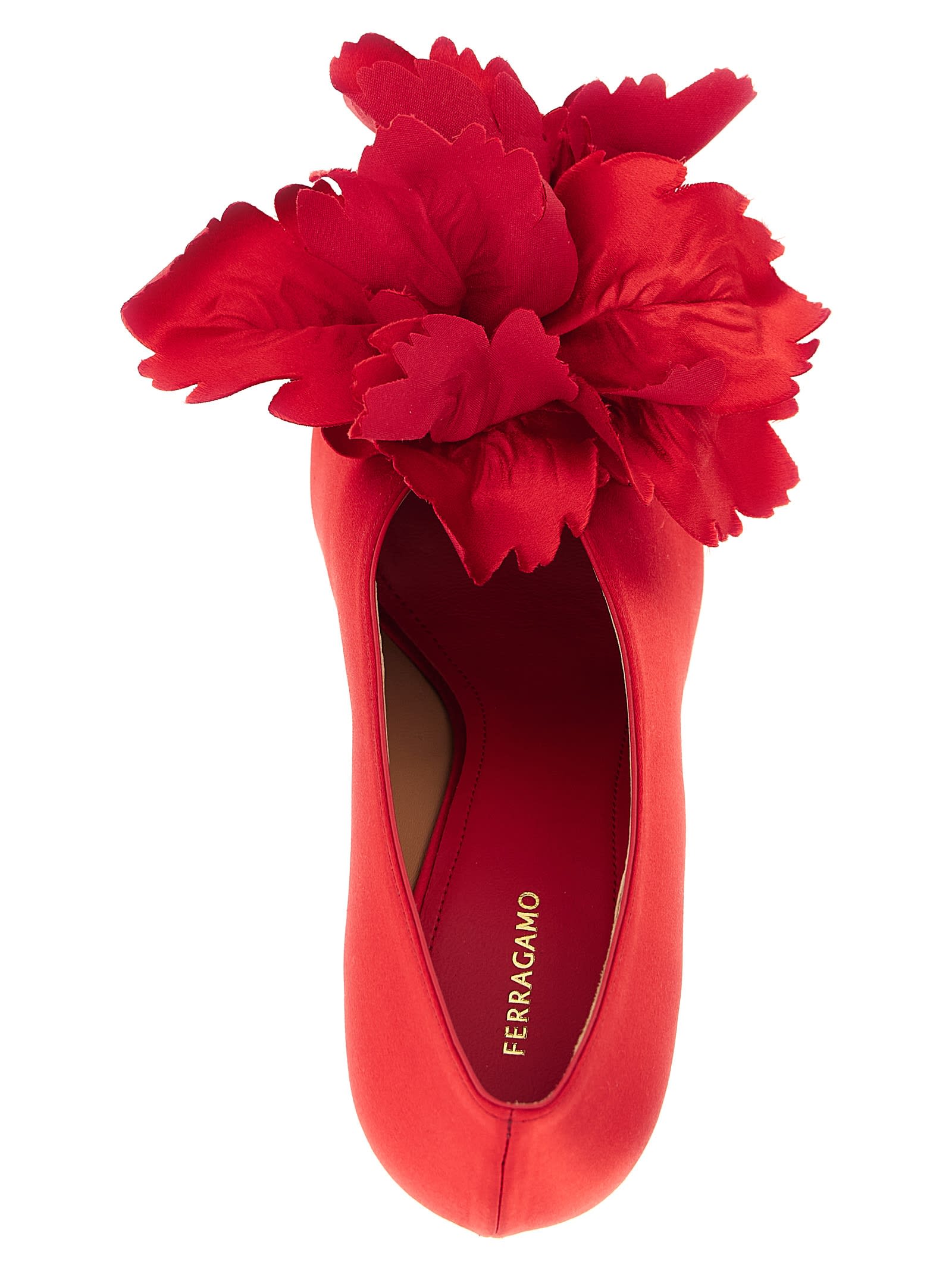 Ferragamo Floral Peep Toe Satin Stiletto Pumps In Red