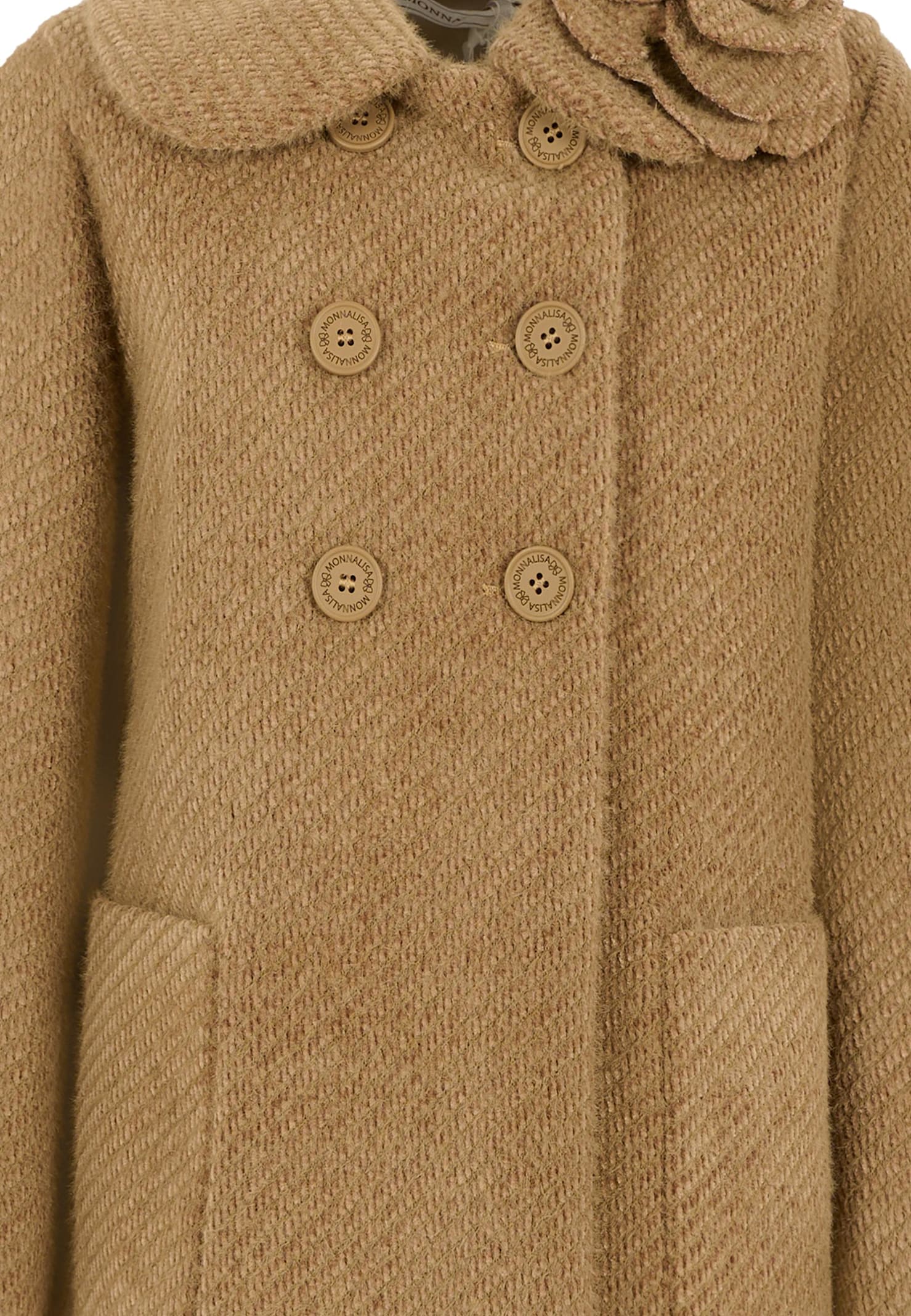 Monnalisa Brown Coat For Girl With Flower In Brown
