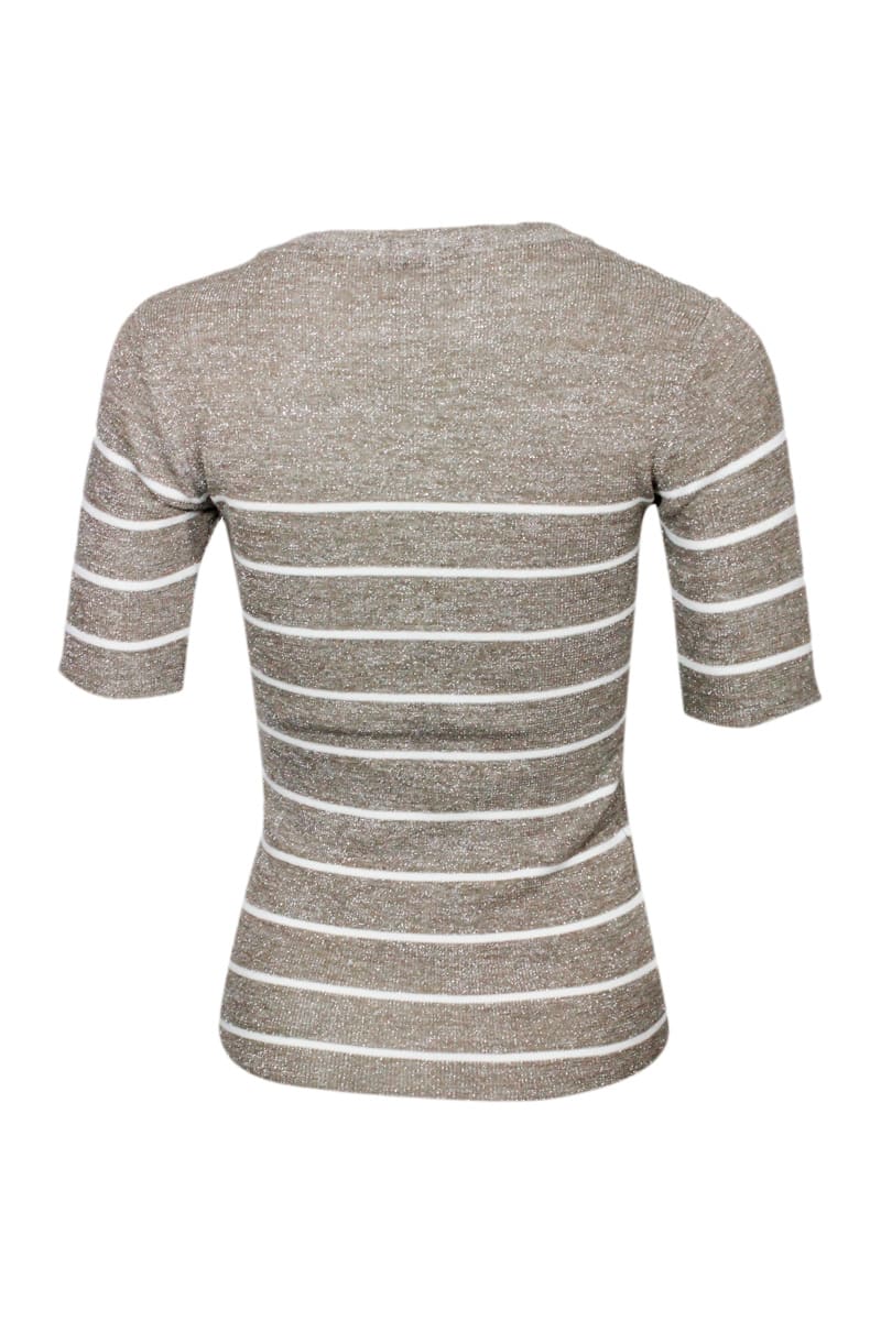 Shop Brunello Cucinelli Crew-neck And Short-sleeved Linen Blend Sweater With Striped Pattern In Beige