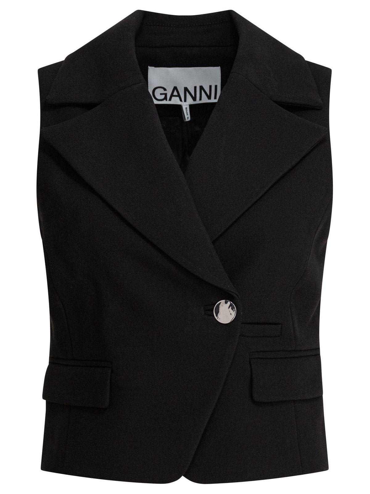 Ganni Crepe Vest With Flap Pockets And Lapels