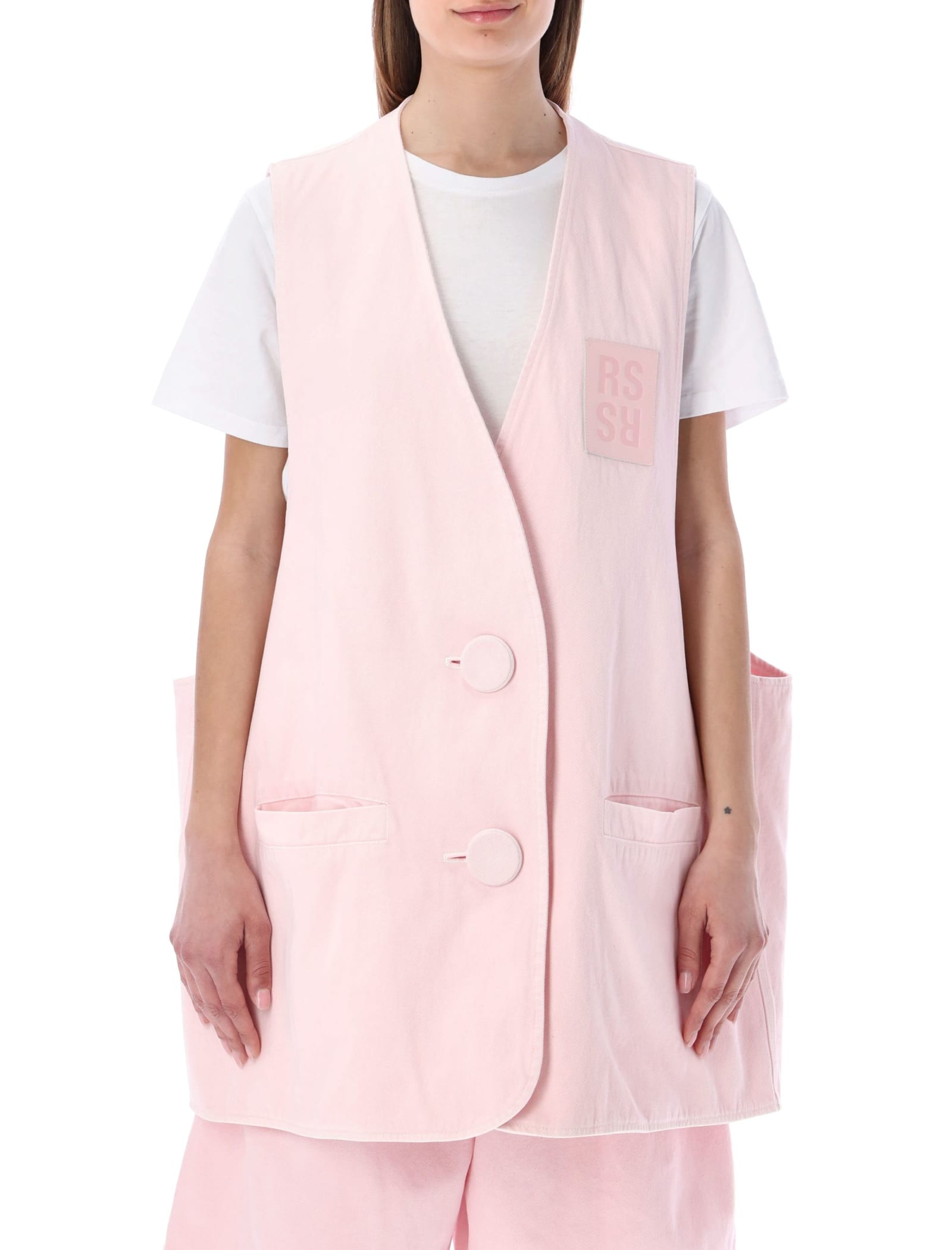 Raf Simons Denim Oversized Gilet With Covered Buttons In Pink