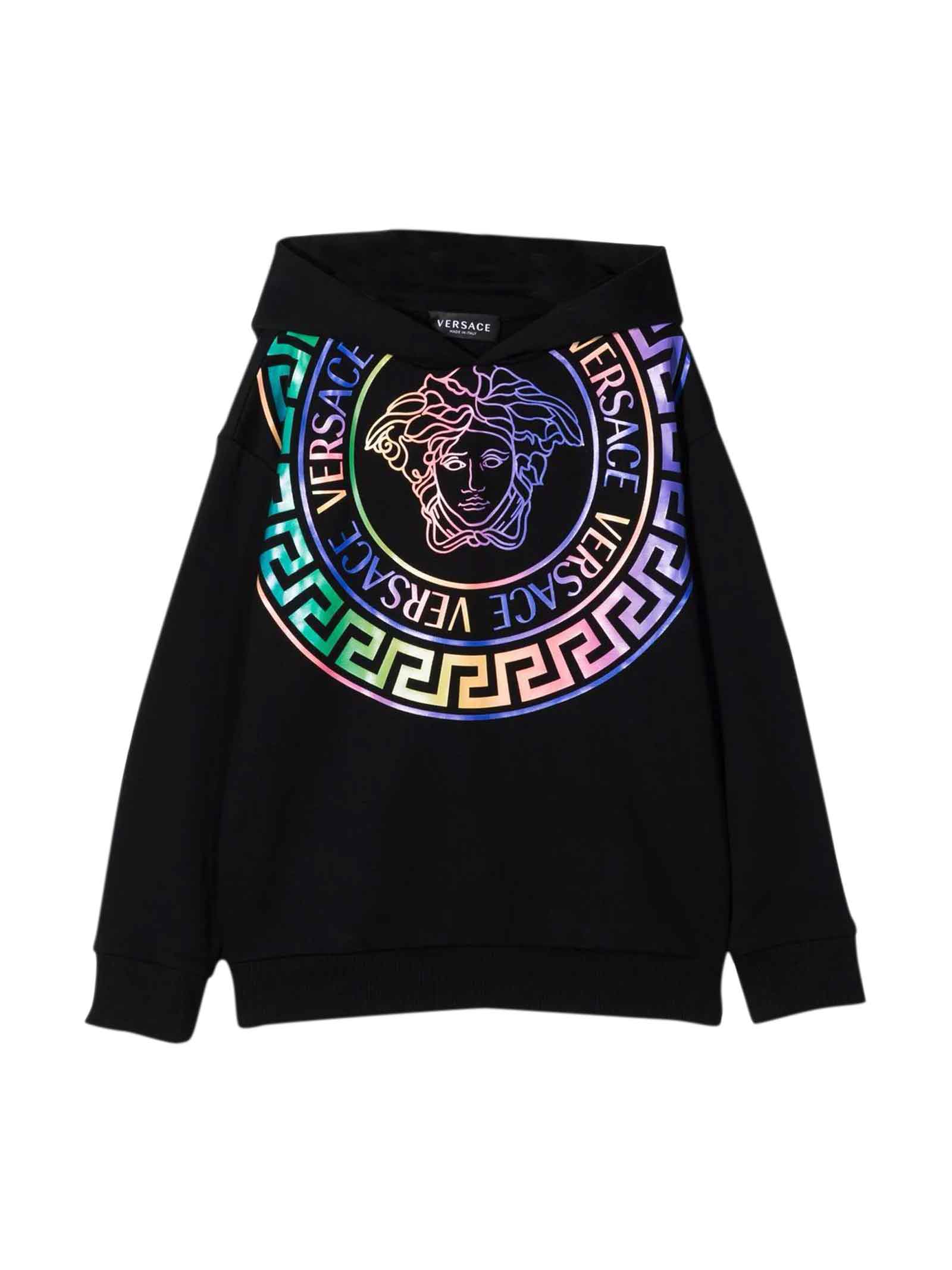 Versace Black Sweatshirt With Hood And Multicolor Print Kids