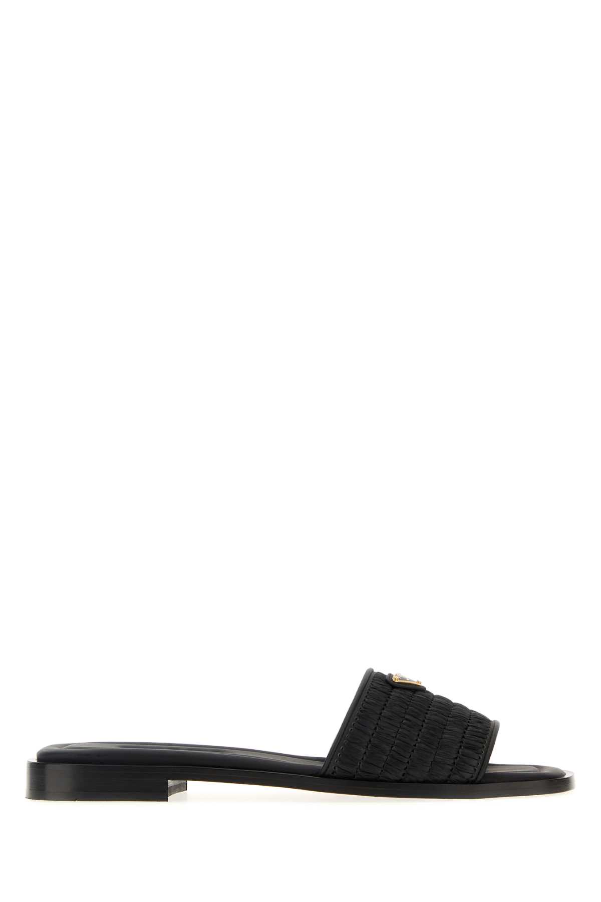 Prada Black Raffia And Leather Slippers