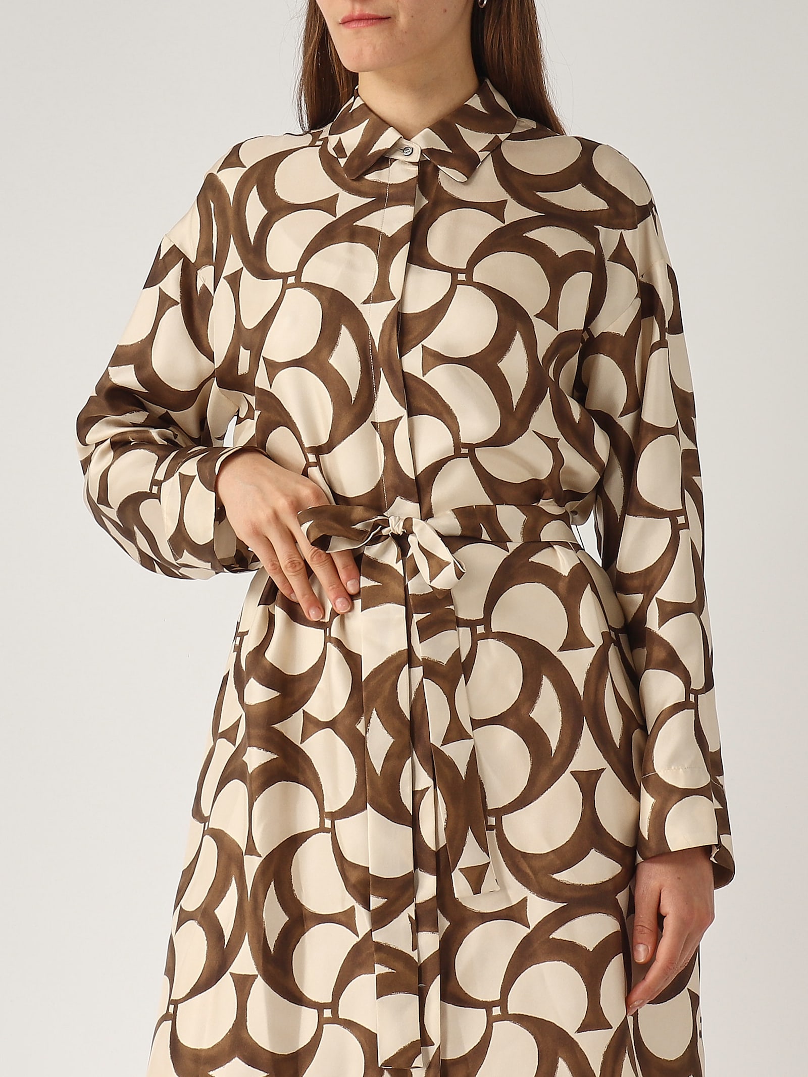 S Max Mara Ileana Printed Silk Twill Shirt Dress In Avorio-marrone