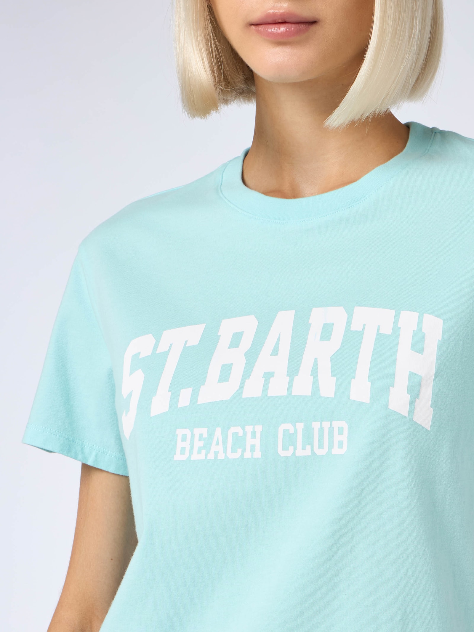 Mc2 Saint Barth Woman Cotton Jersey Crewneck T-shirt Emilie With St. Barth Beach Club Print In Green