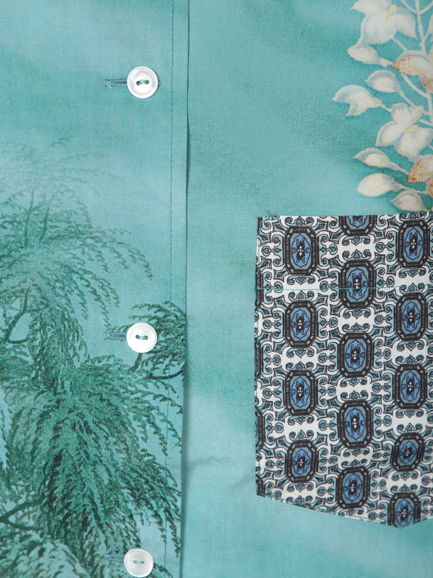 Pierre-louis Mascia Aqua Green Silk Shirt With Tropical Print