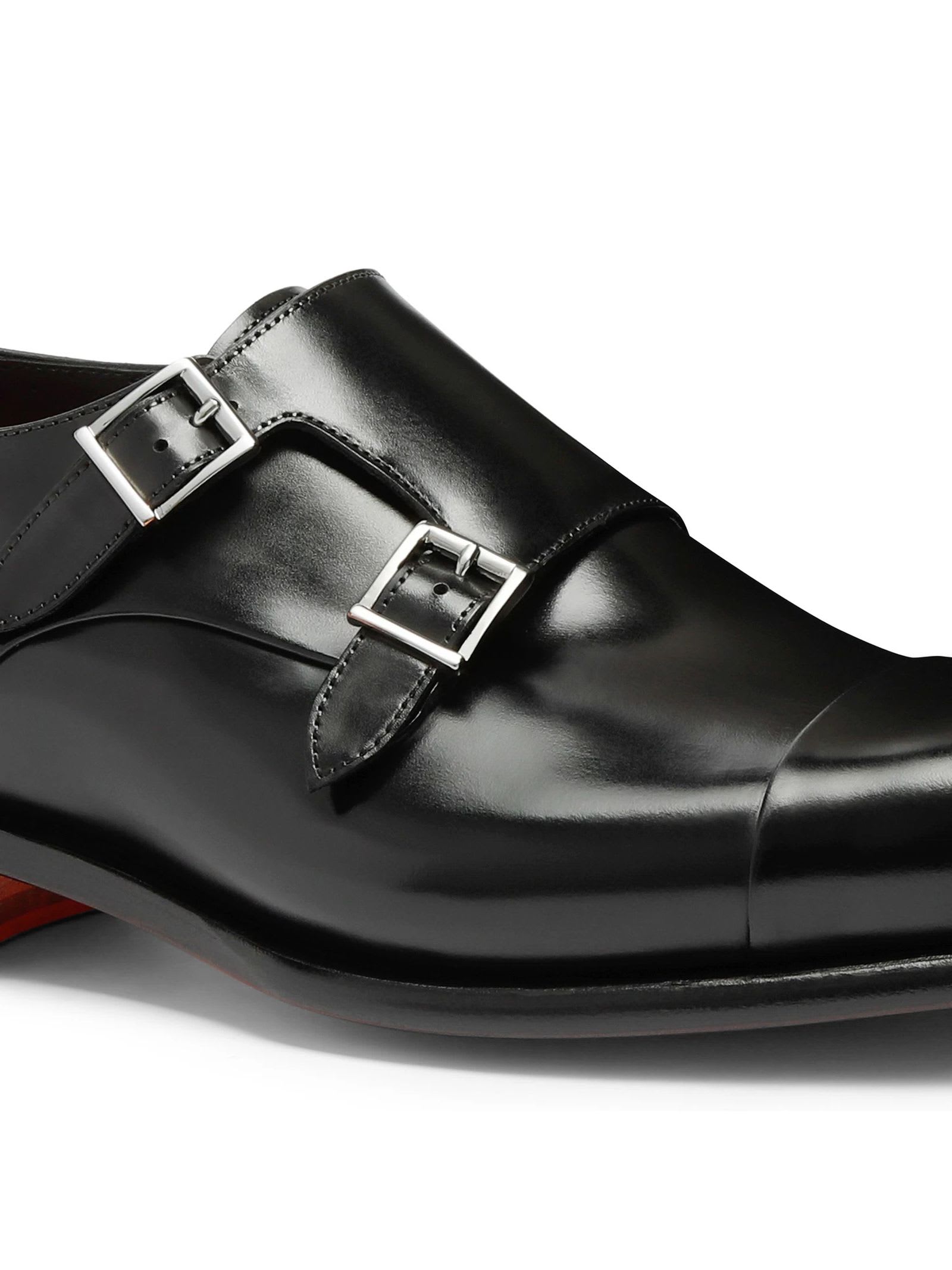 Shop Santoni Black Polished Leather Double-buckle Shoe