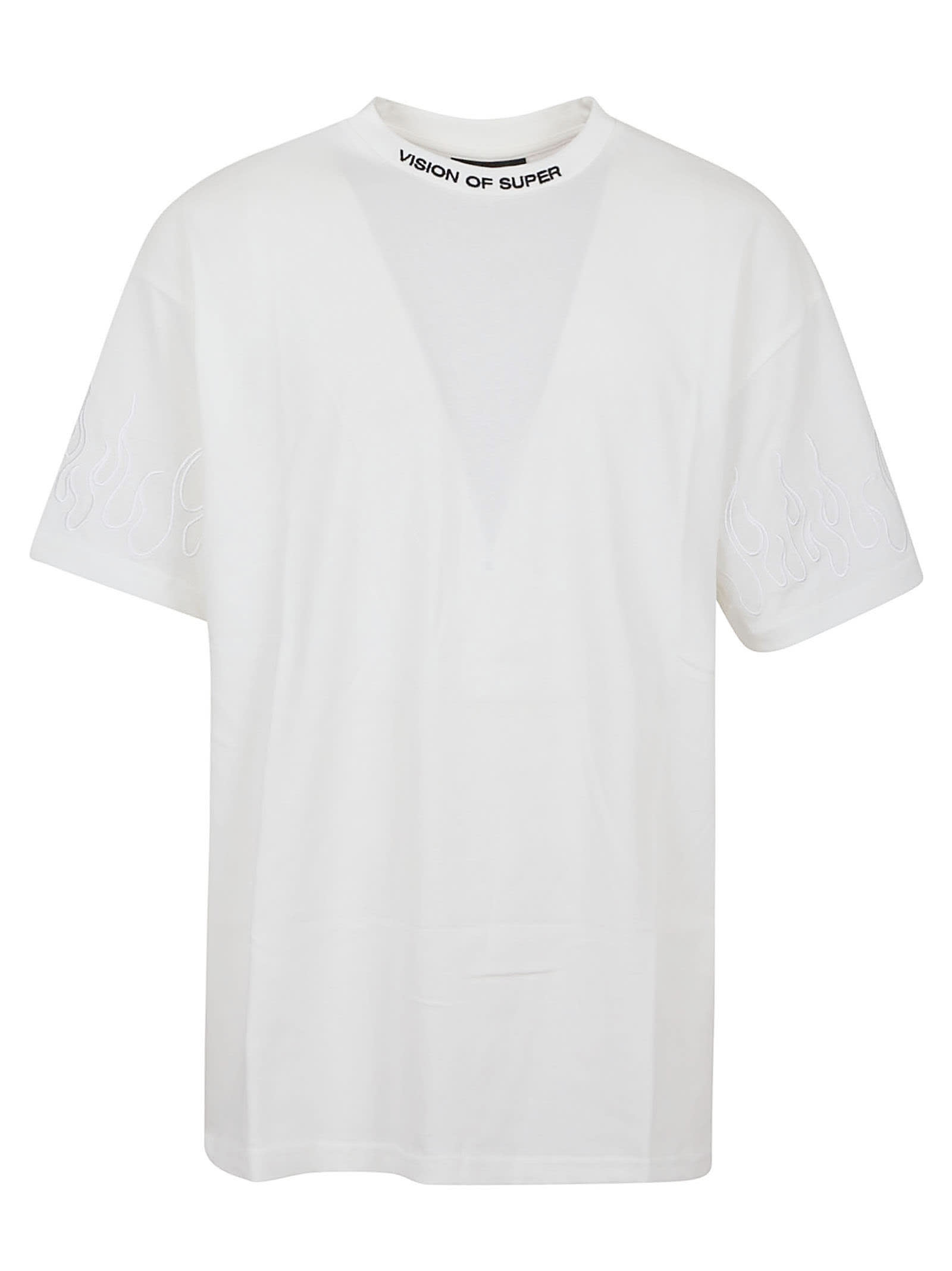 White Tshirt With White Embroidered Flames