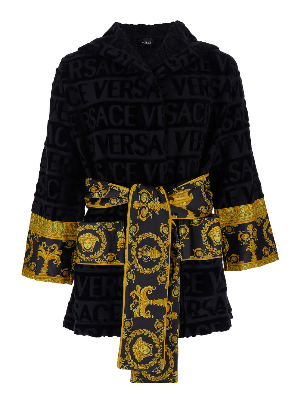 Versace Black Terry Cotton Bathrobe With Baroque Pattern