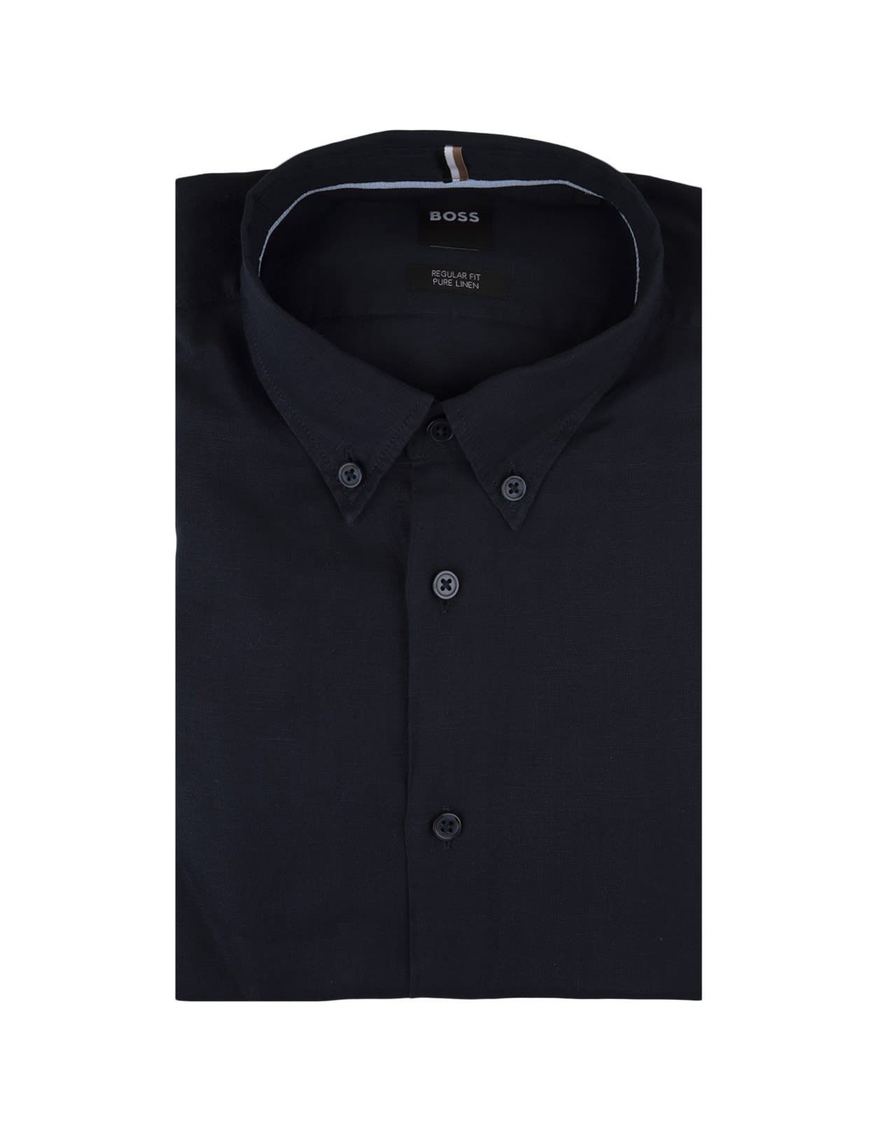 Hugo Boss Regular Fit Shirt In Blue Linen With Button-down Collar In Black