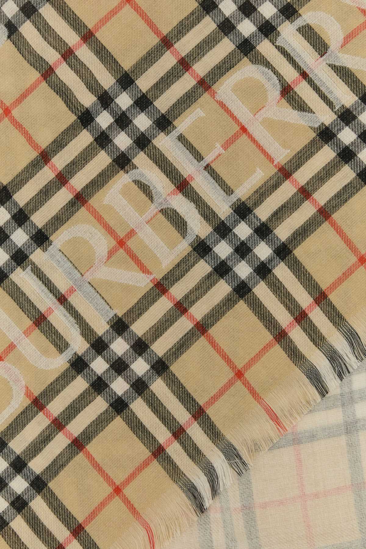 Burberry Wool Scarf With Embroidered Check Pattern And Fringed Edges In Sand