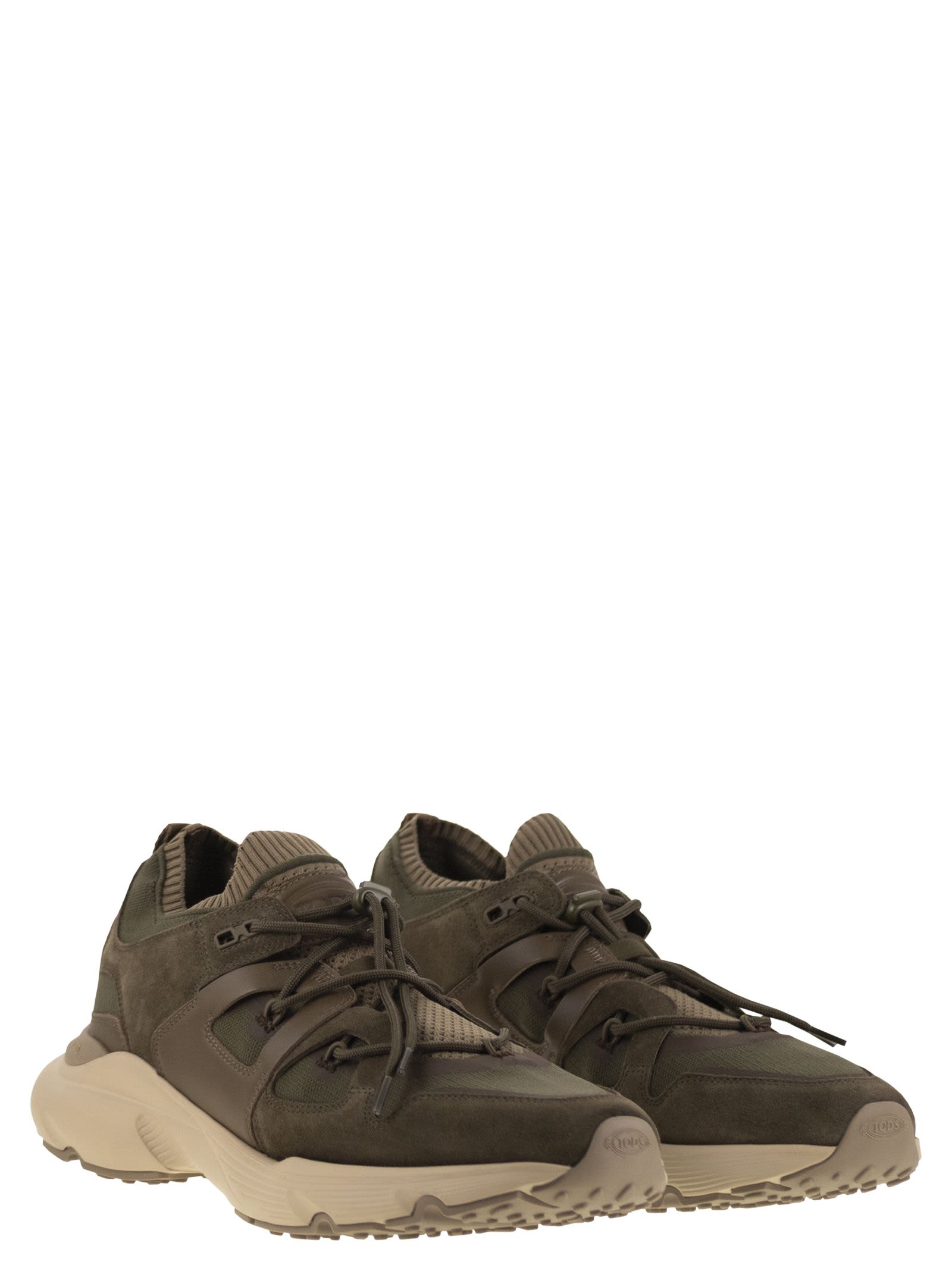 Tod's Leather And Technical Fabric Sneakers In Green