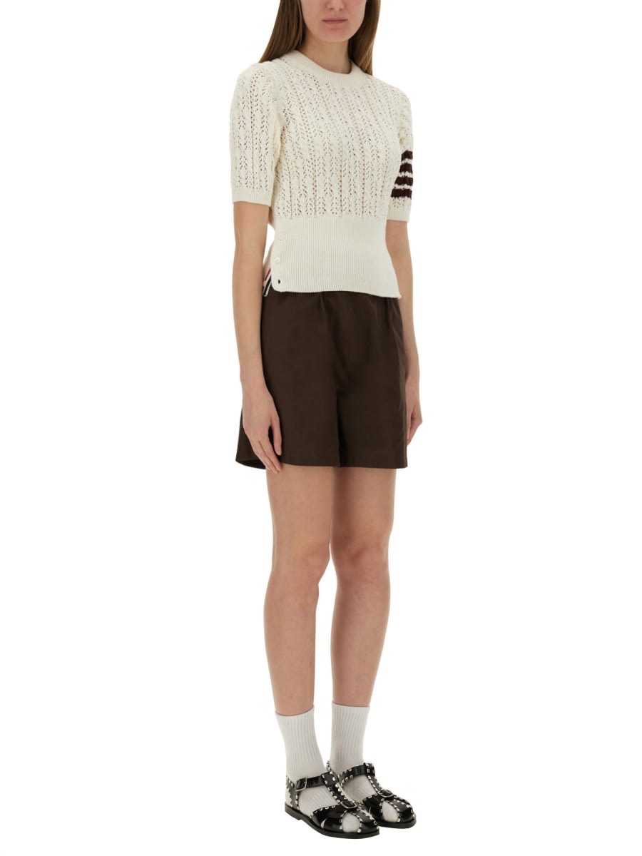 Thom Browne Womens White Pointelle Cable-knit Cotton T-shirt