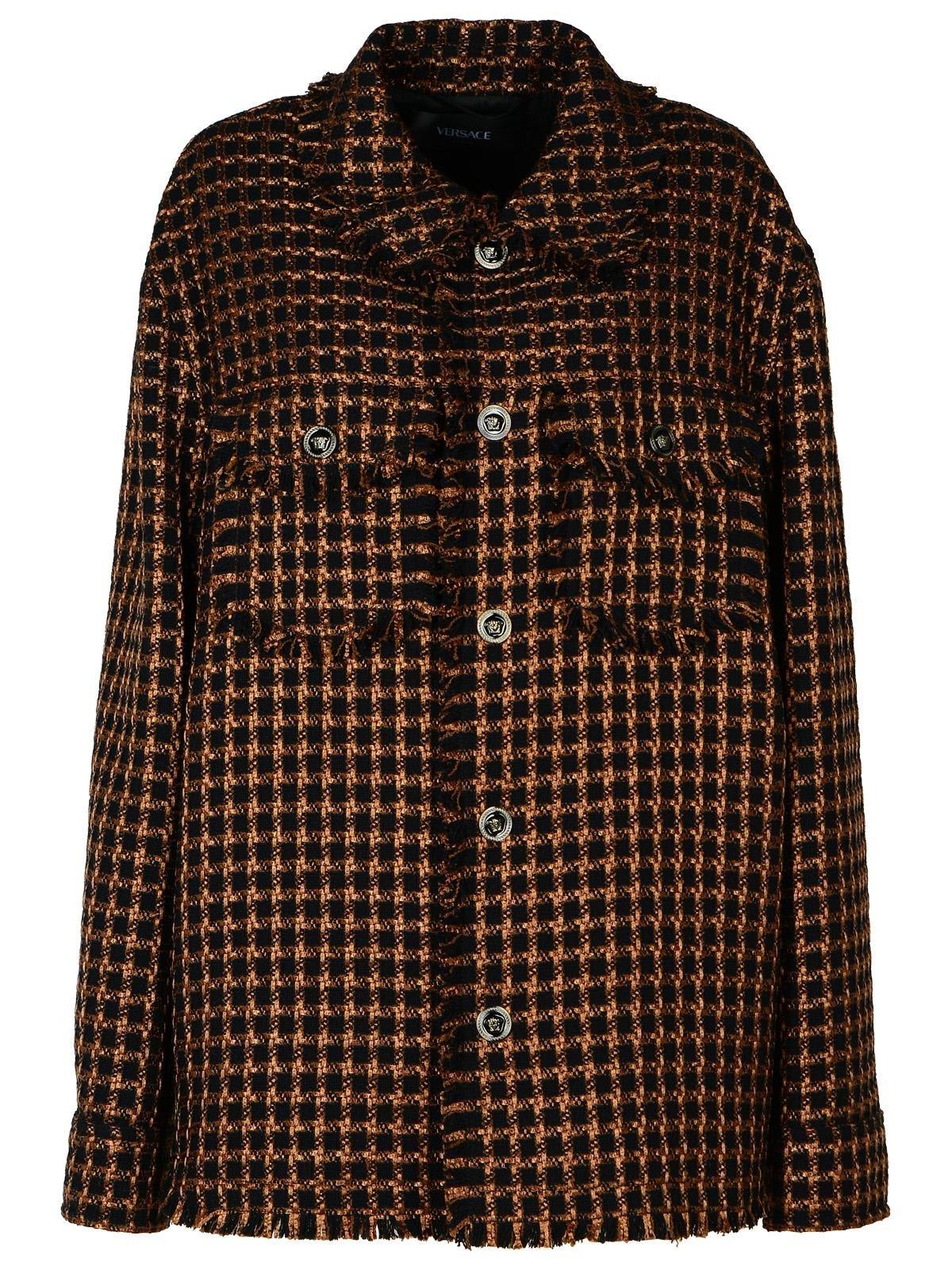 Shop Versace Checked Tweed Button-up Jacket In Bqblackchestnut