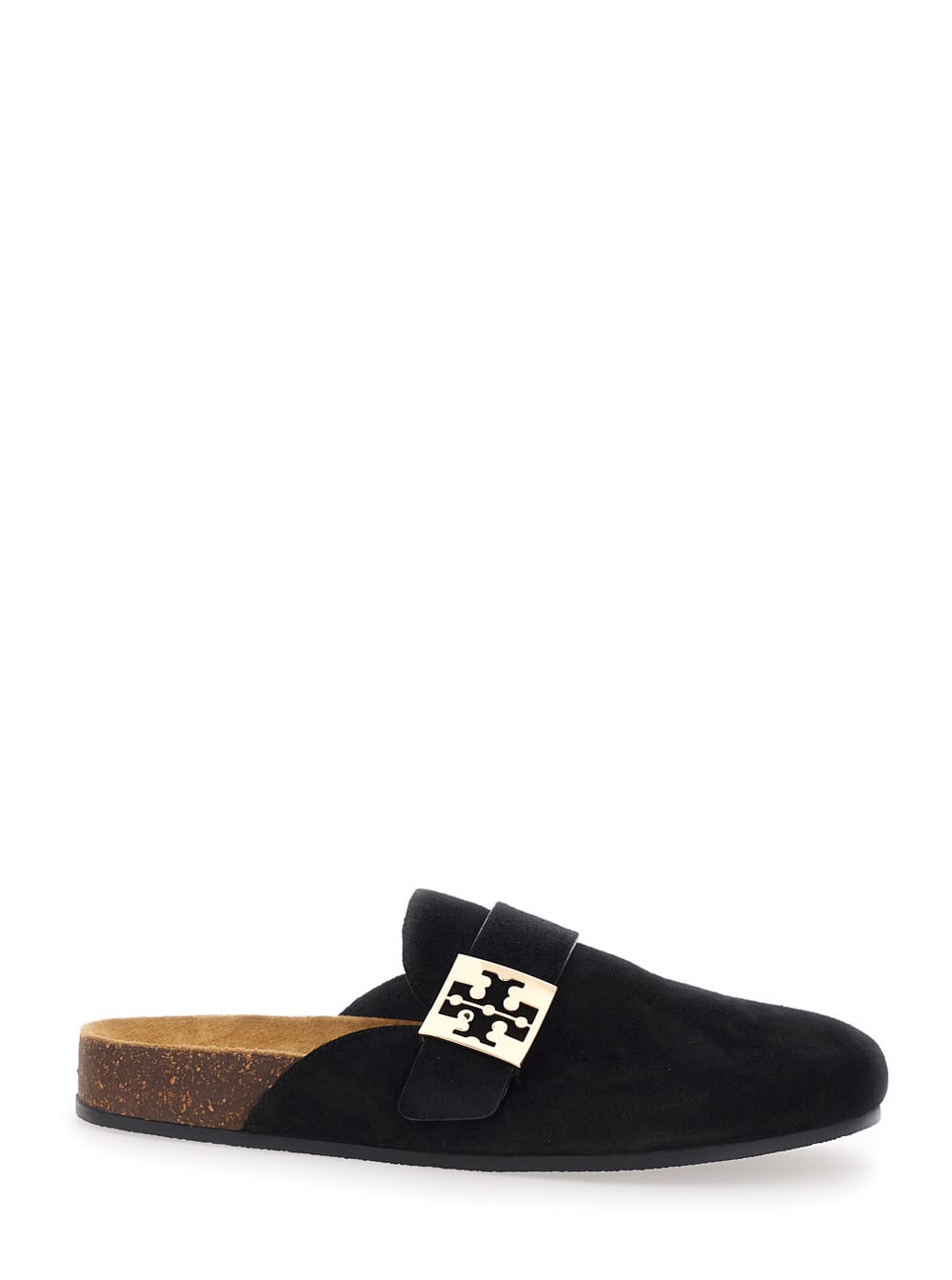 Tory Burch Mellow Black Slip-on Mule With Metallic Logo Buckle In Suede Woman
