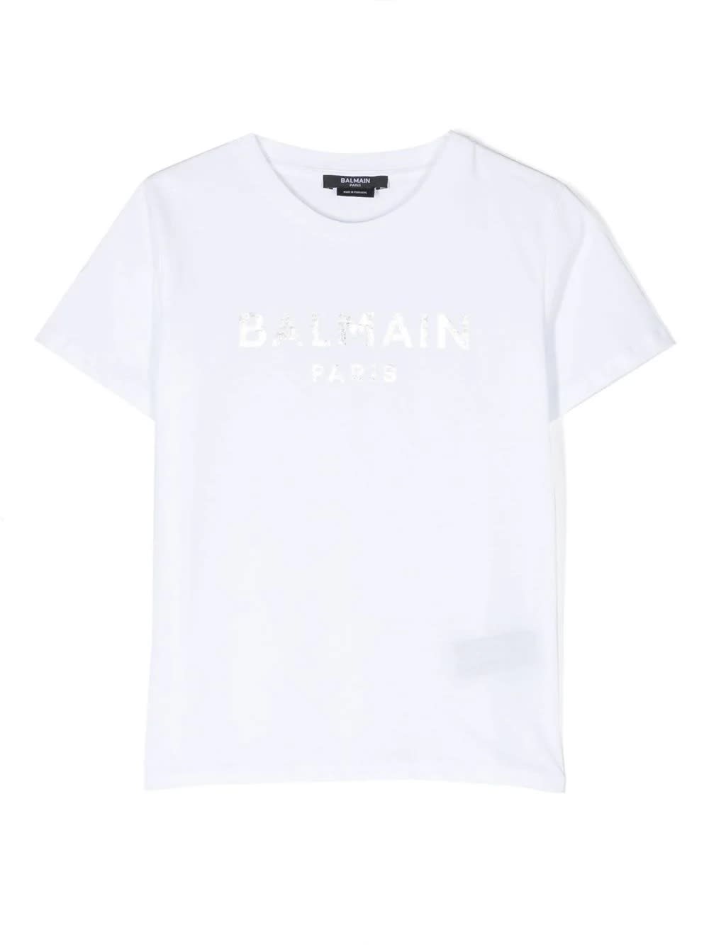 Balmain Kids' White T-shirt With Silver Logo