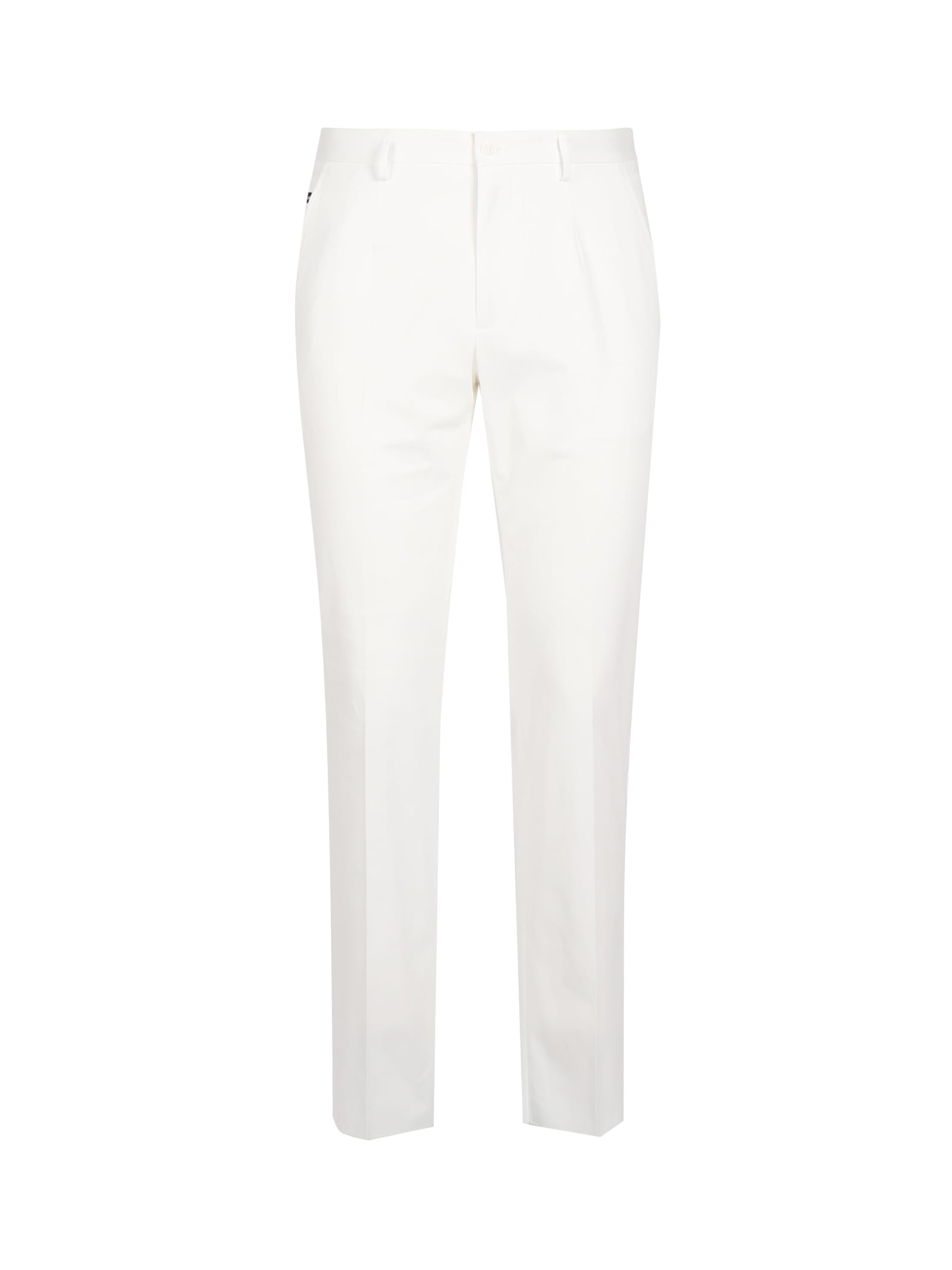 Shop Dolce & Gabbana Stretch Cotton Trousers With Logoed Plaque In White