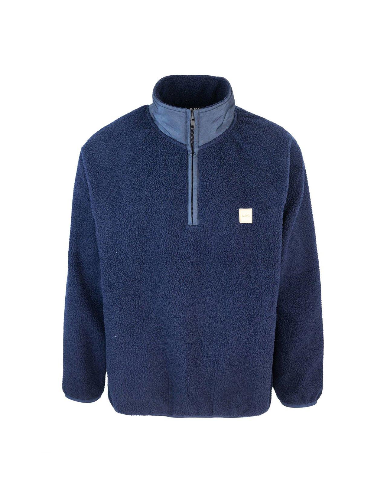 Shop Apc High-neck Logo Patch Fleece Sweatshirt In Blue