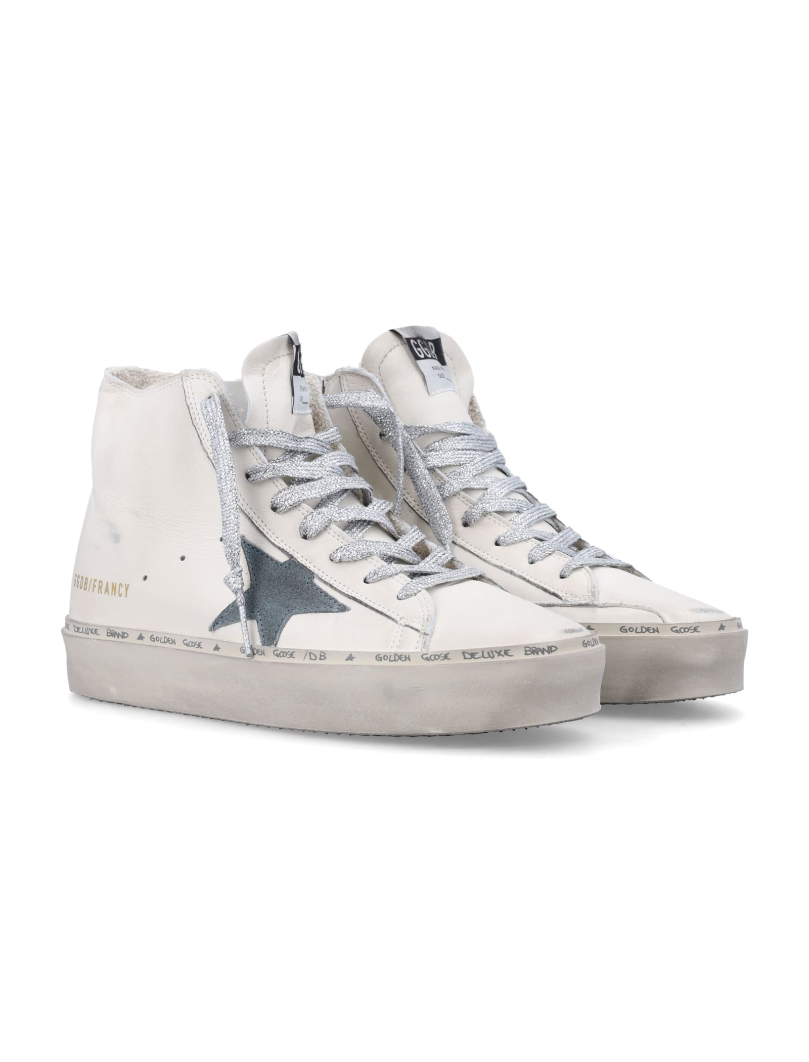 Shop Golden Goose Hi Fancy Sneakers In White Silver Blue