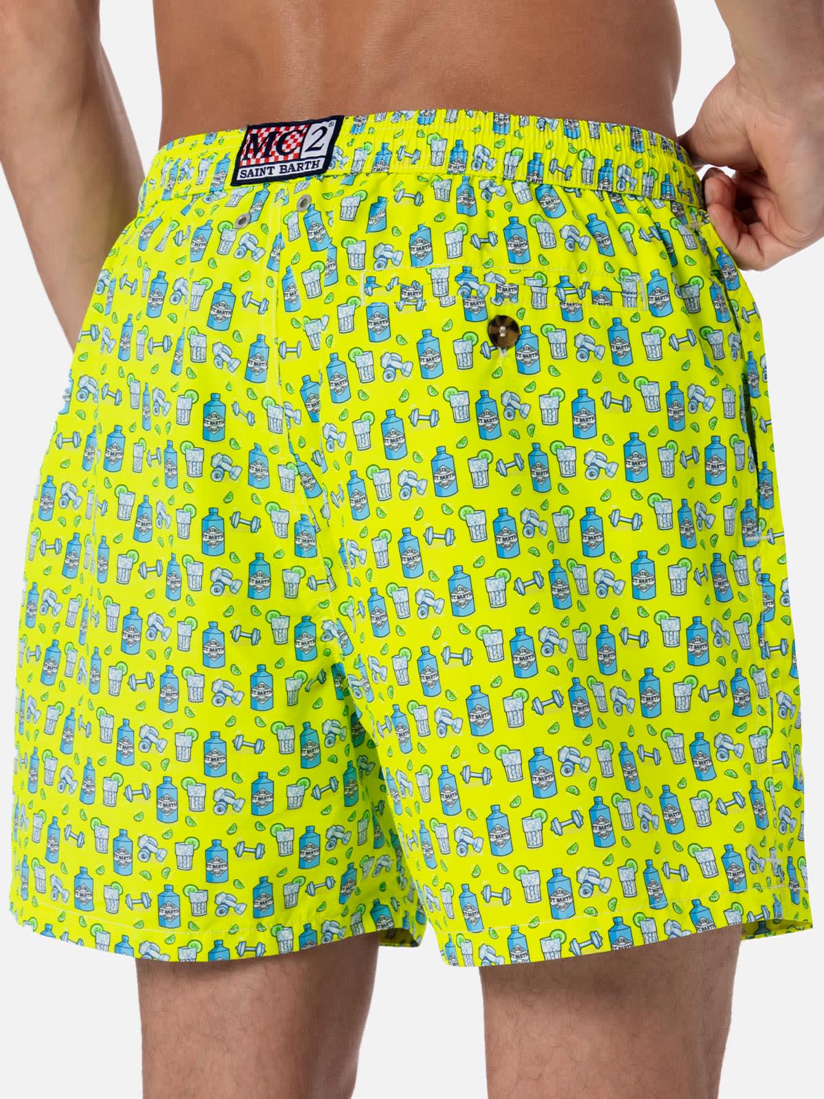 Mc2 Saint Barth Man Lightweight Fabric Swim-shorts Lighting Micro Fantasy With Gym And Gin Print In Yellow