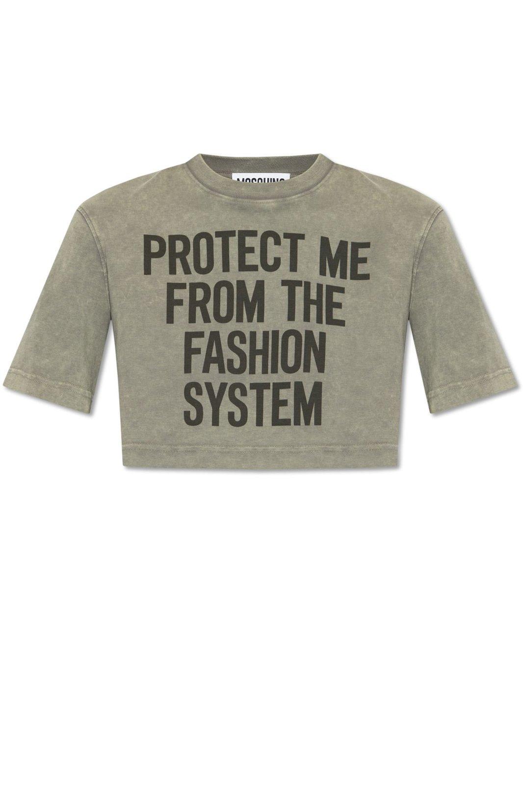 Shop Moschino Slogan Printed Crewneck Cropped T-shirt In Grey