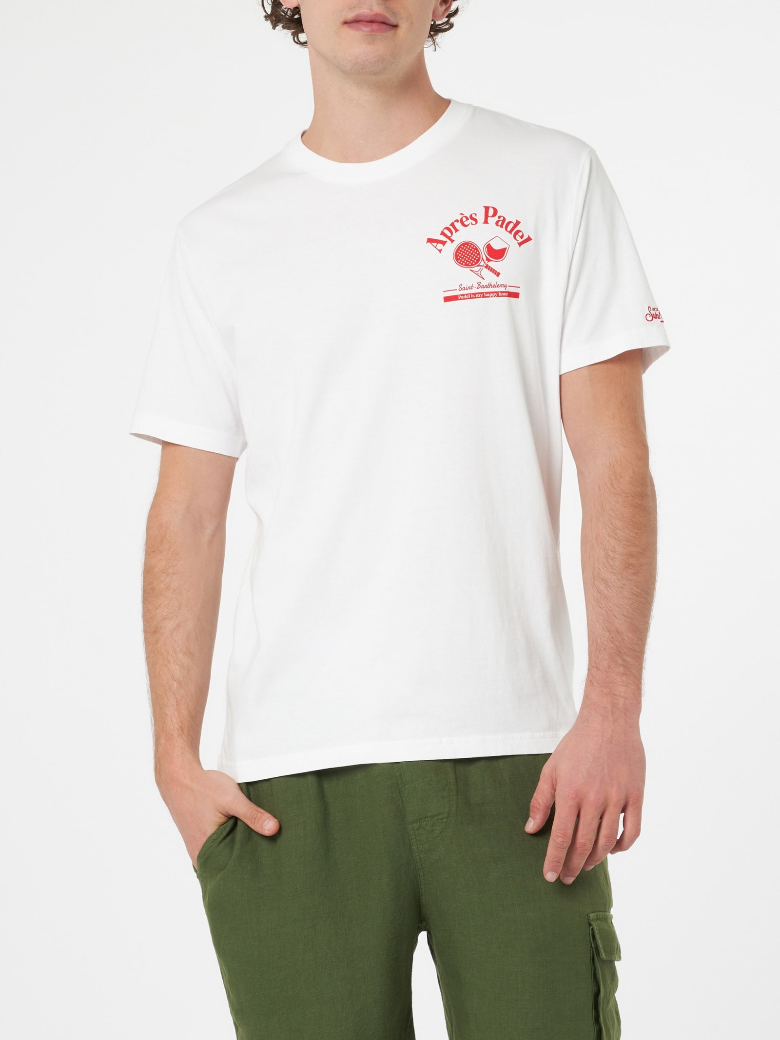 Shop Mc2 Saint Barth Man Cotton T-shirt With Aprés Padel Placed Print In White