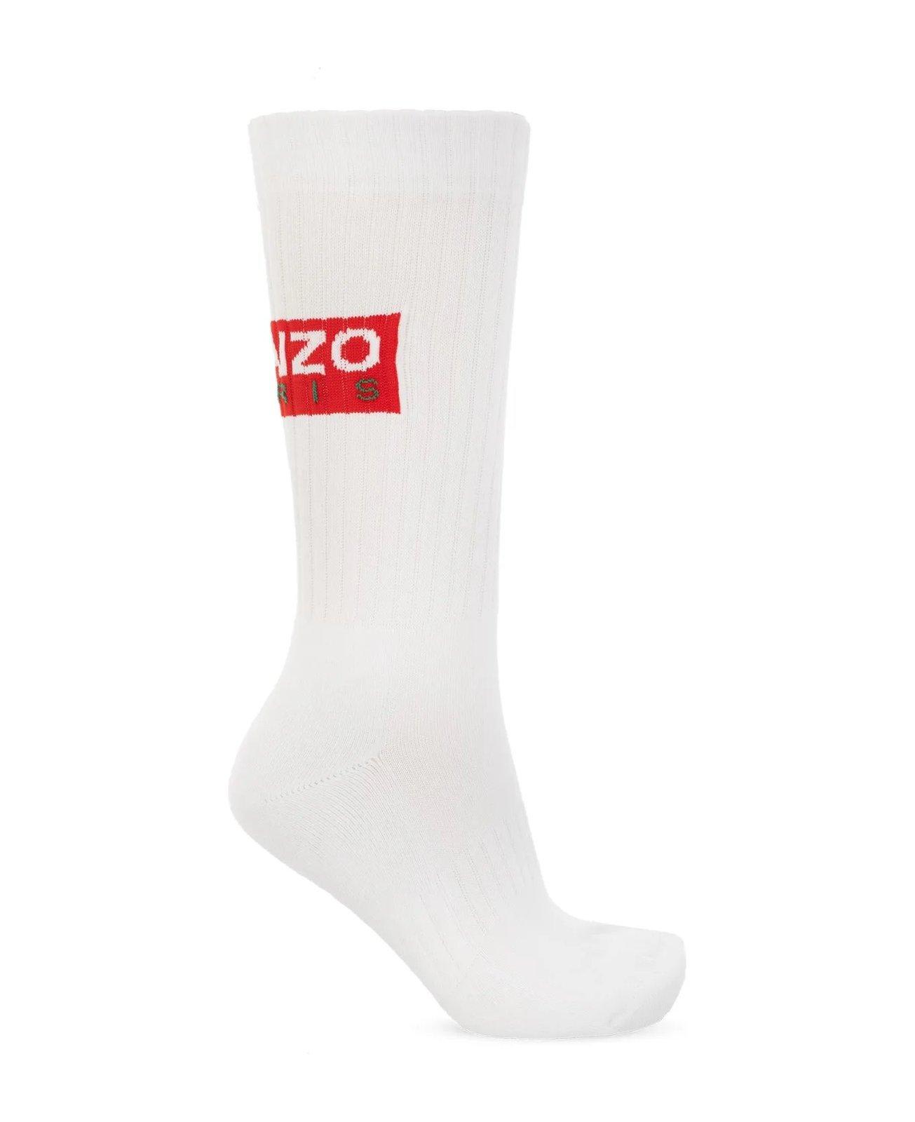Shop Kenzo Logo Printed Chunky Ribbed Knit Socks In White