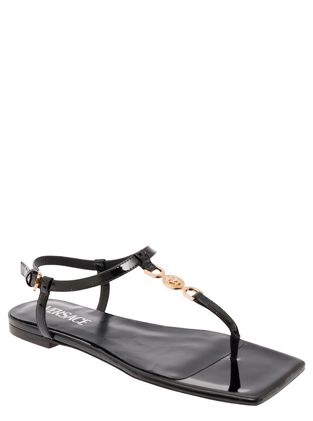 Shop Versace Medusa 95 Black Low Sandals With Logo Detail In Snake-printed Leather Woman