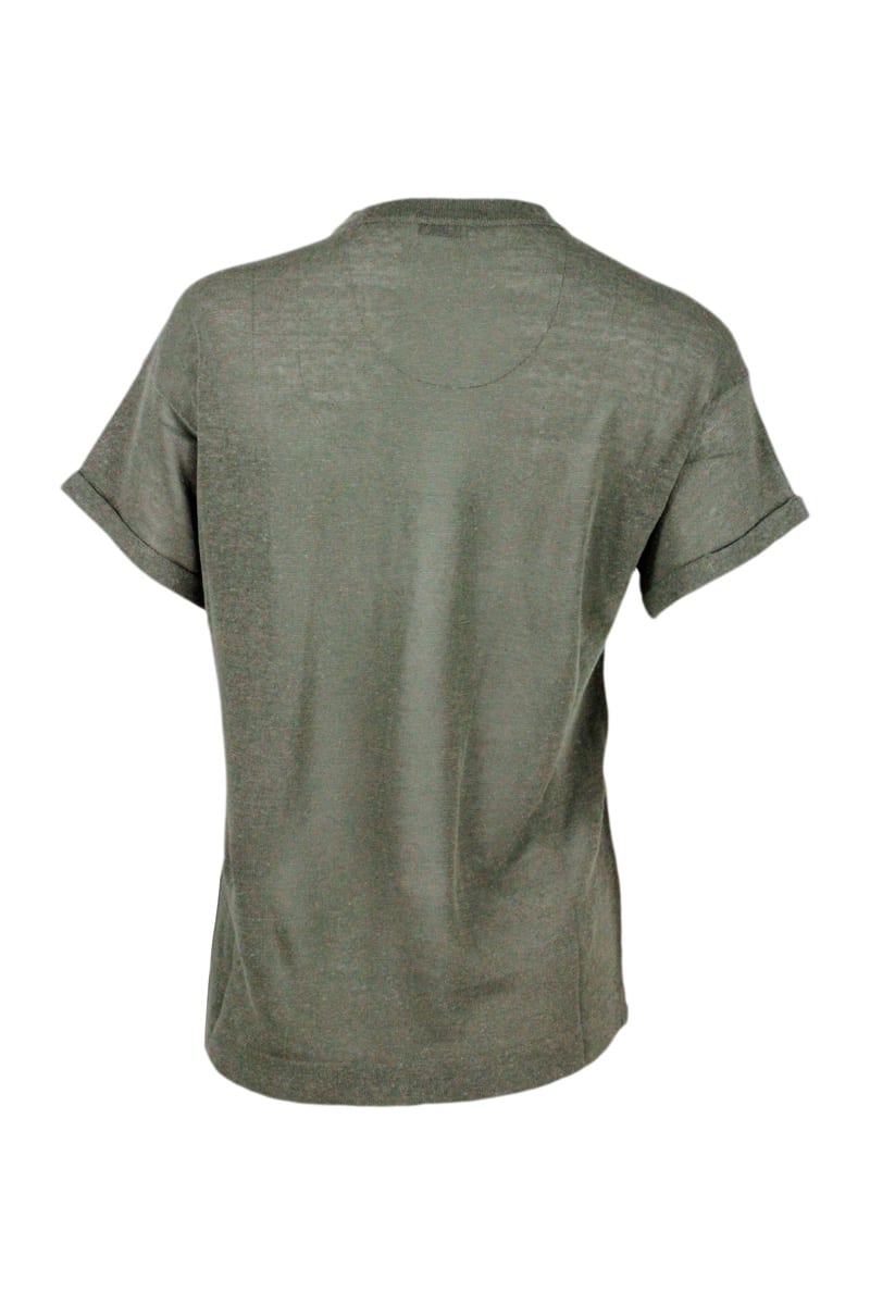 Shop Brunello Cucinelli Short-sleeved Crew-neck Linen Sweater Embellished With Monili Detail On The Chest In Military
