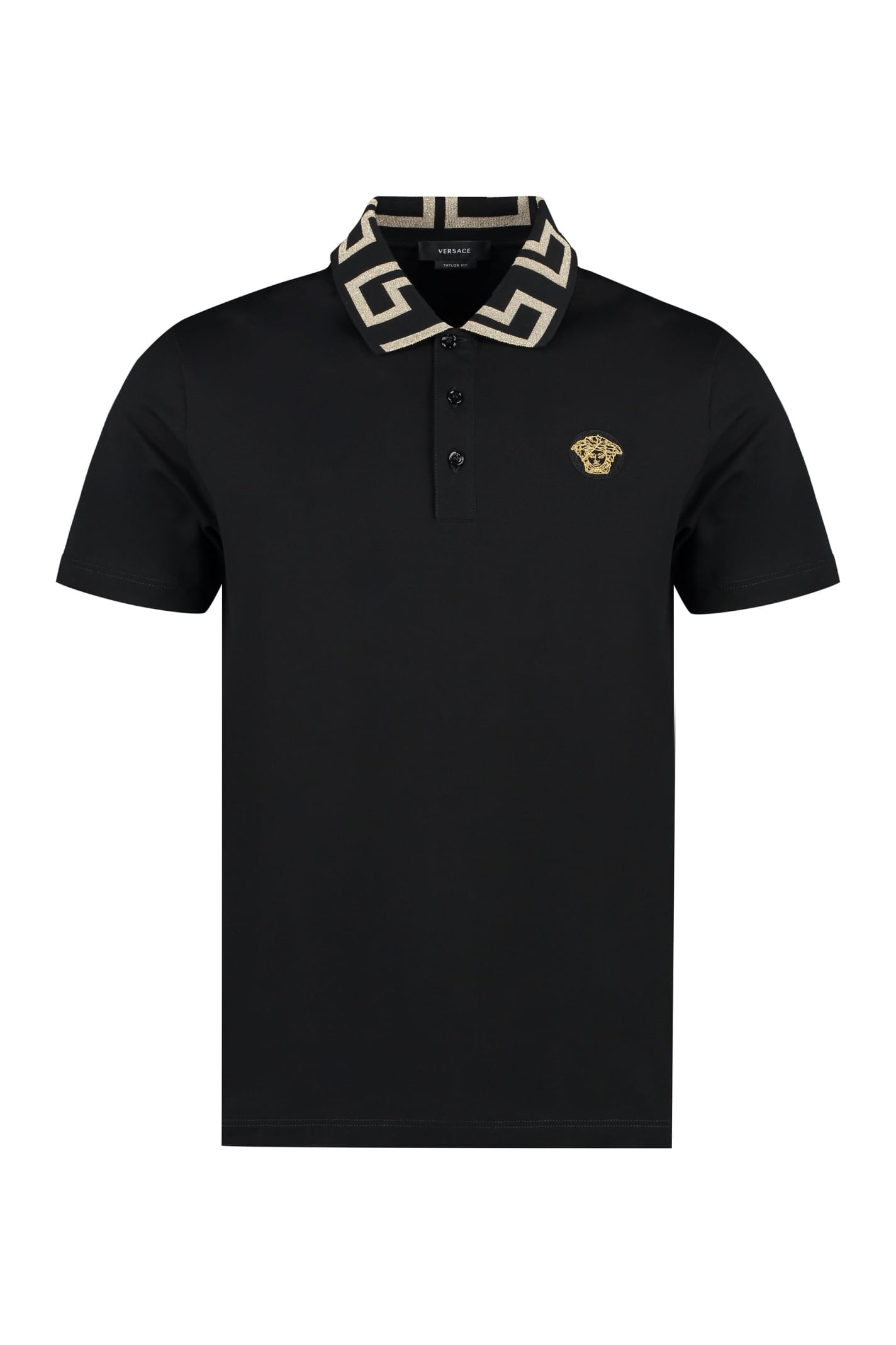 Shop Versace Cotton Piqué Polo Shirt In Black/gold