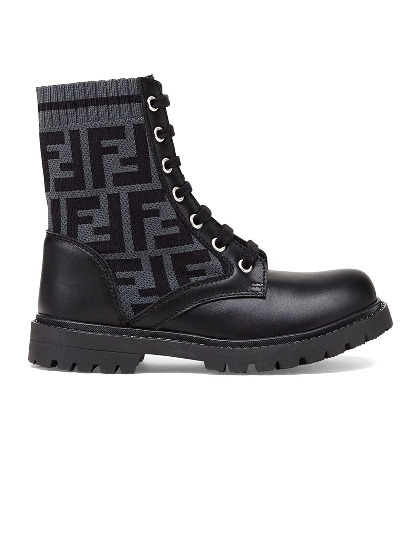 Fendi Kids' Black And Grey Leather Ankle Boots In Nero