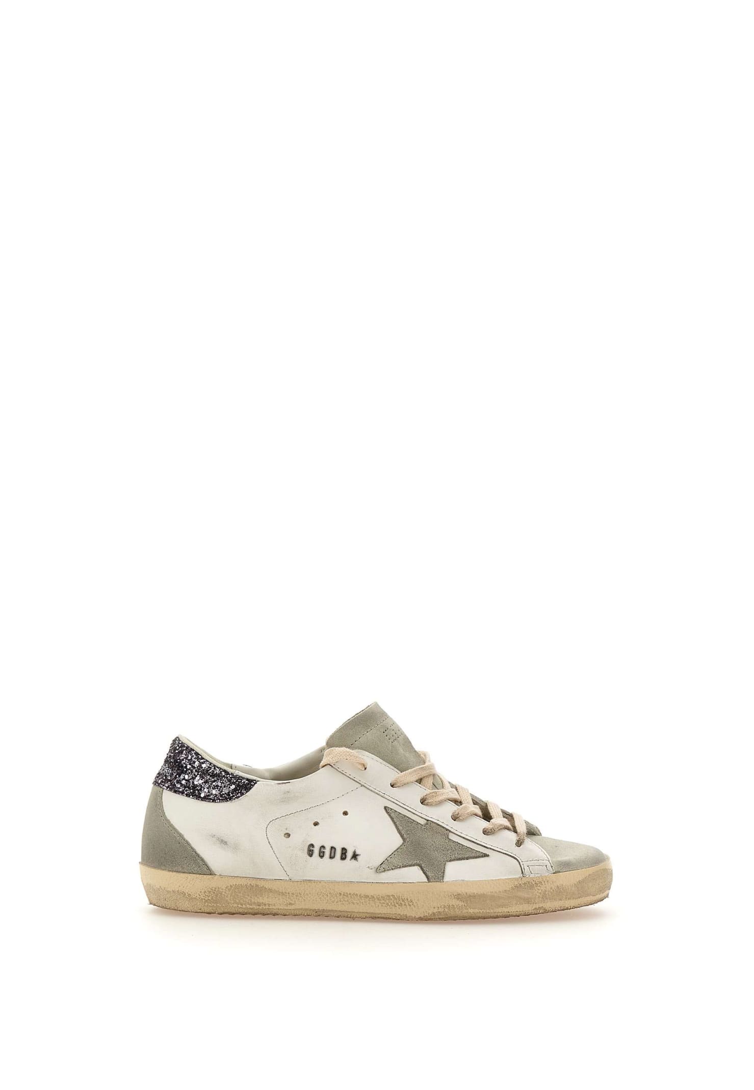 Golden Goose Super-star Glitter-heel Leather Sneakers In White-grey