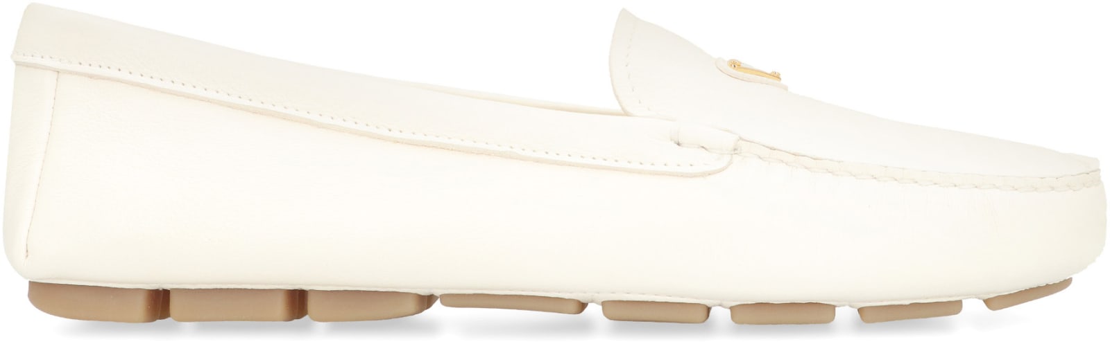 Shop Prada Logo Detail Leather Loafers In Ivory