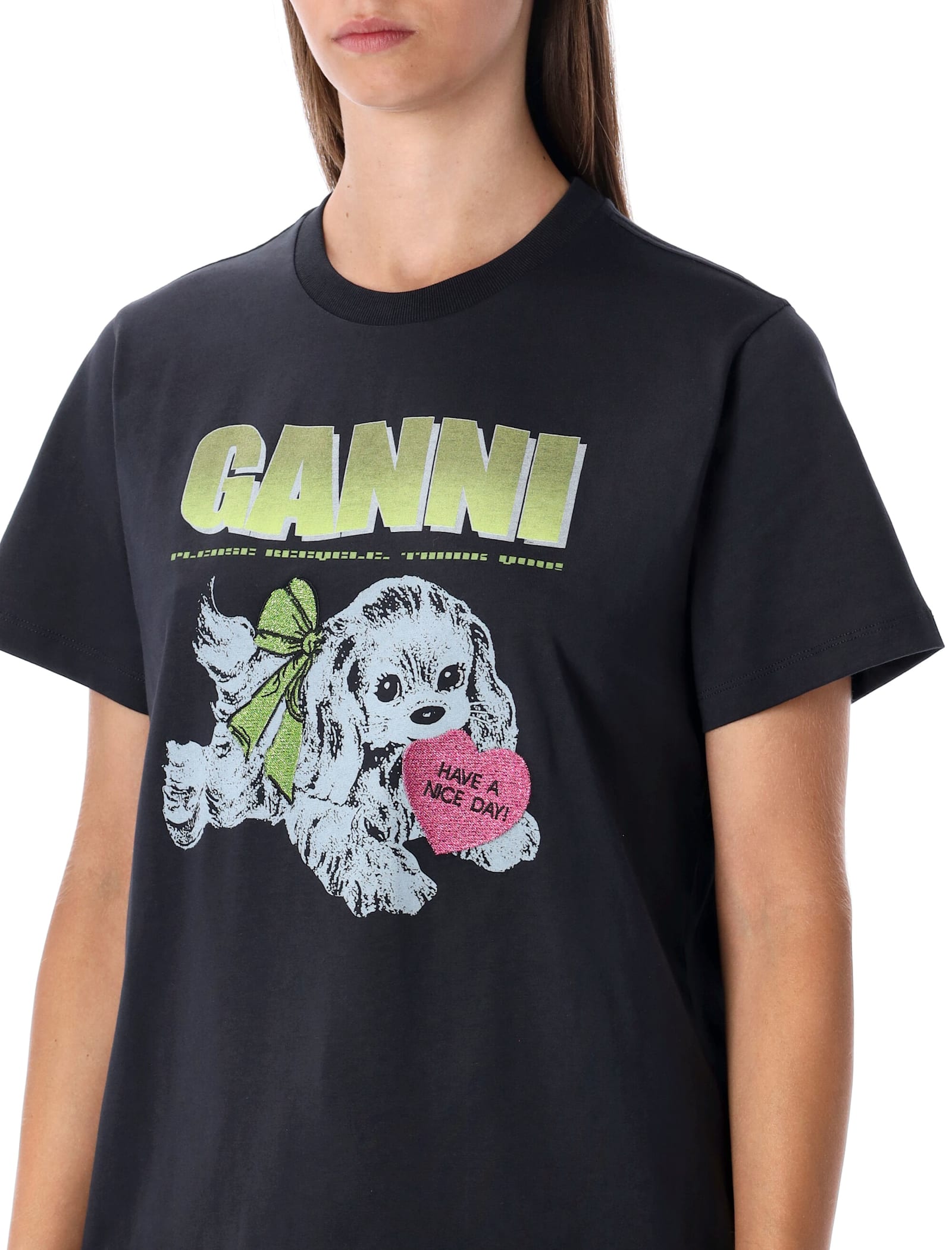 Ganni Black Puppy Cotton T-shirt In Black