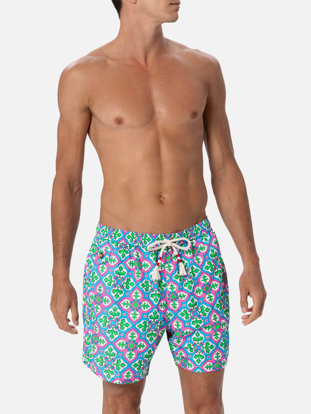 Mc2 Saint Barth Man Lightweight Fabric Swim-shorts Lighting 70 With Majolica Print In White