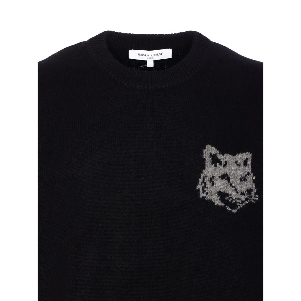 Maison Kitsuné Crew Neck Sweater With Large Fox Embroidery Black In Black
