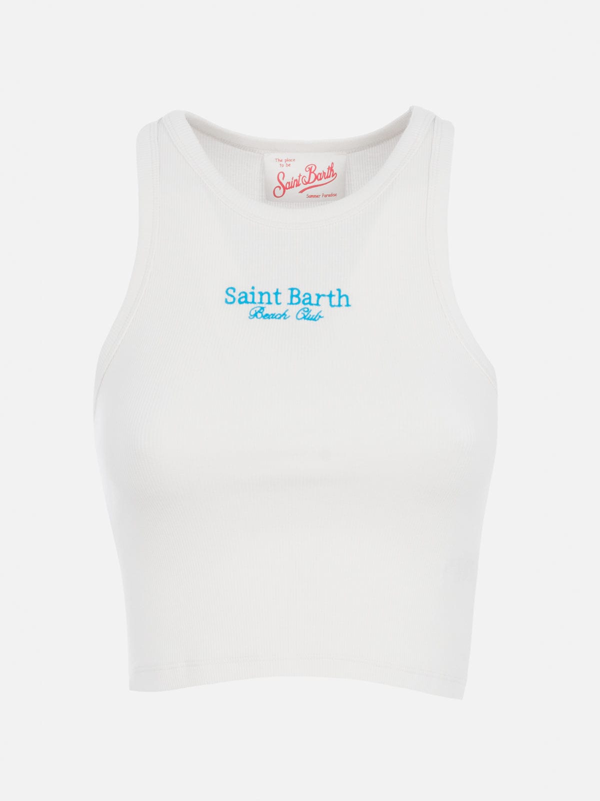 Mc2 Saint Barth Woman Rib-knit Cotton Crop Tank With Saint Barth Beach Club Embroidery In White
