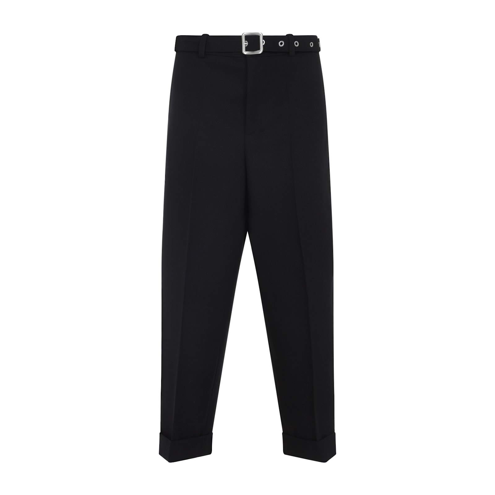 Jil Sander Relaxed Fit Black Wool Pants With Detachable Belt And Turn-up Hem In Black