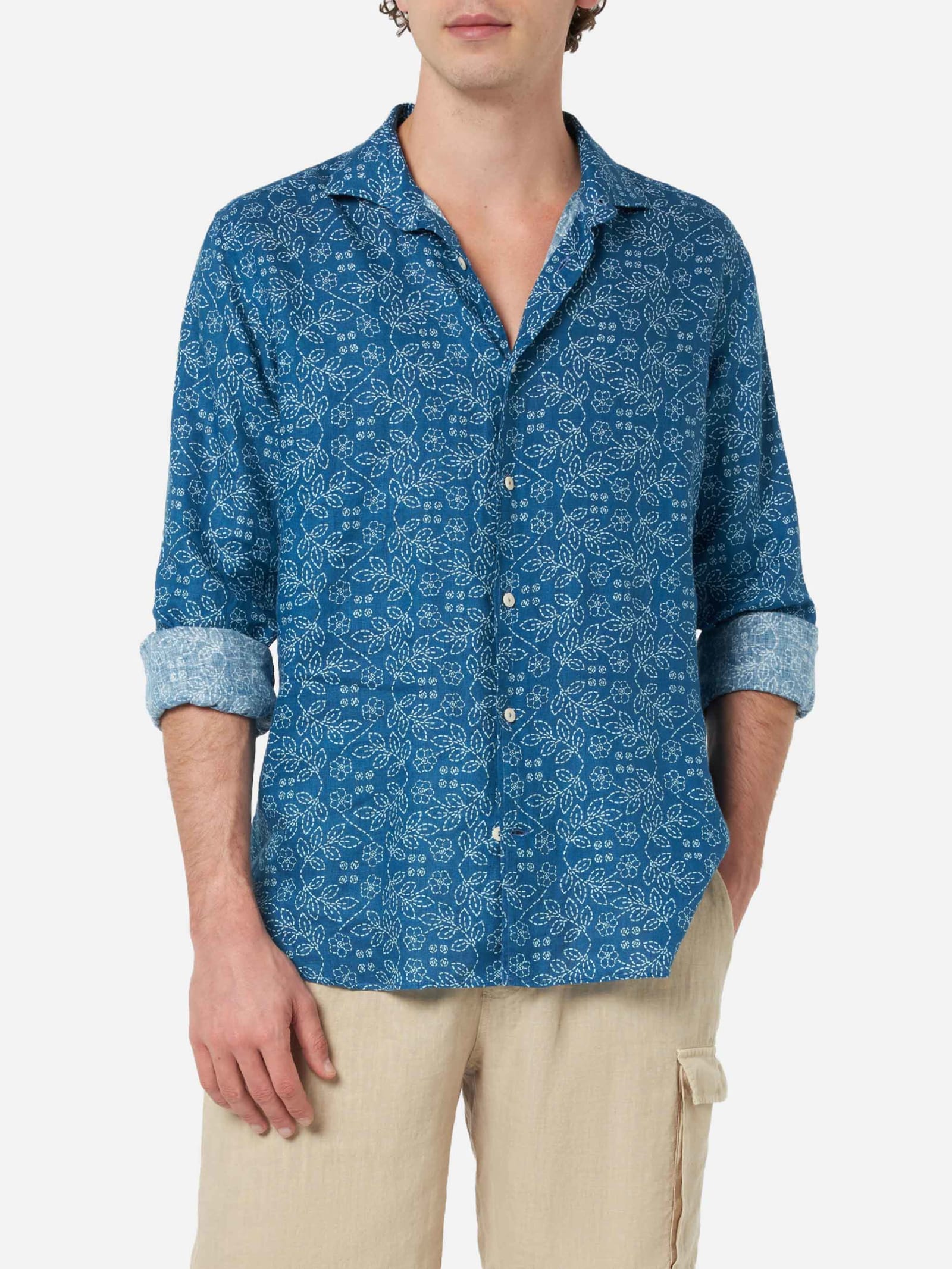 Shop Mc2 Saint Barth Man Navy Blue Linen Shirt Pamplona With Sashiko Print