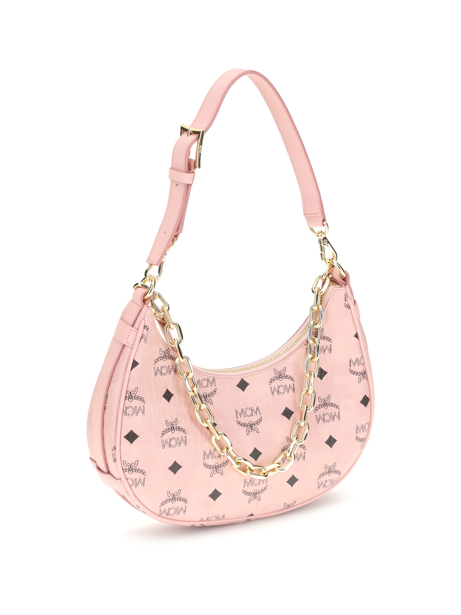 Mcm Aren Crescent Hobo Bag In Visetos In Pink