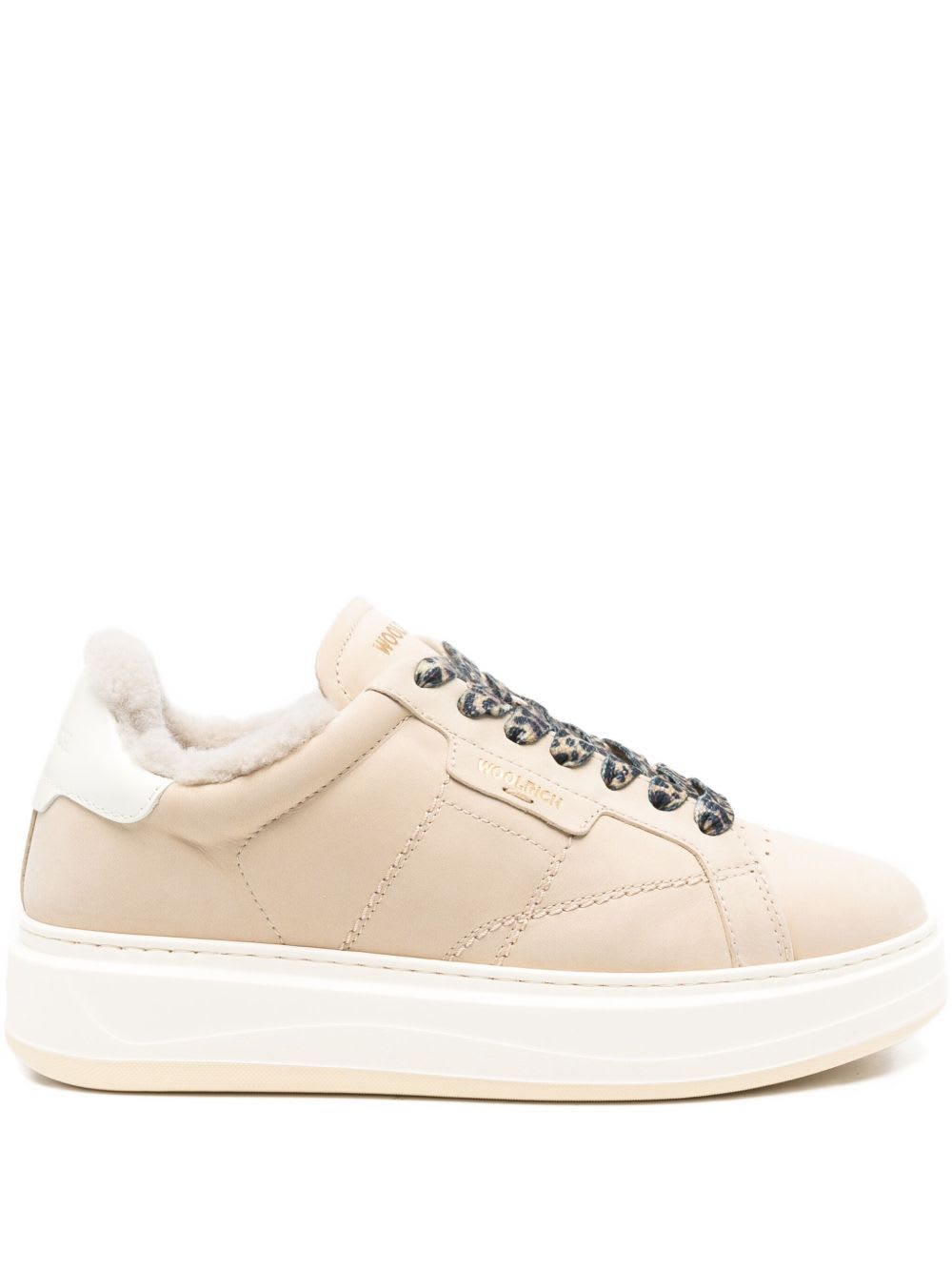 Woolrich Leather Platform Sneakers With Contrast Panel In Neutral