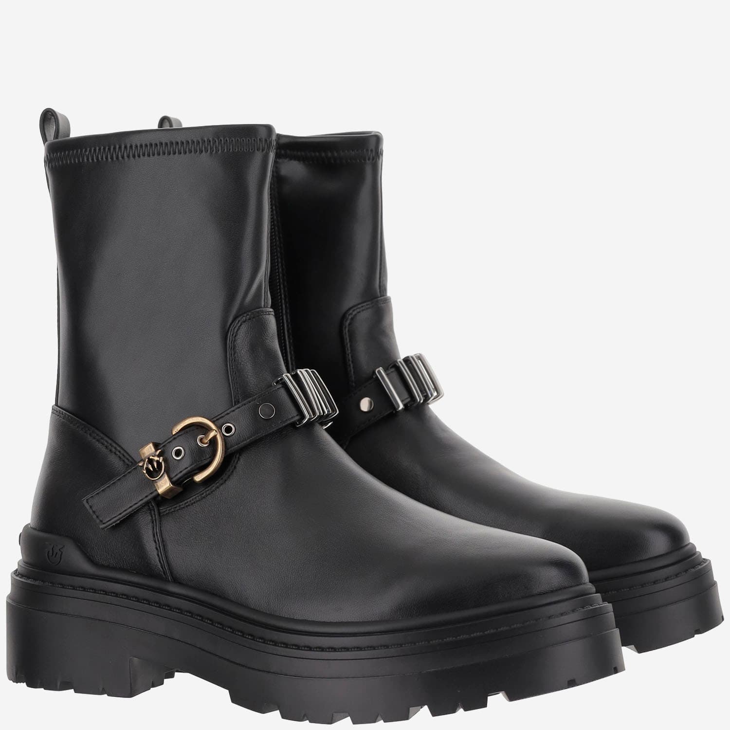 Pinko Rounded Toe Black Leather Ankle Boots With Front Strap In Black