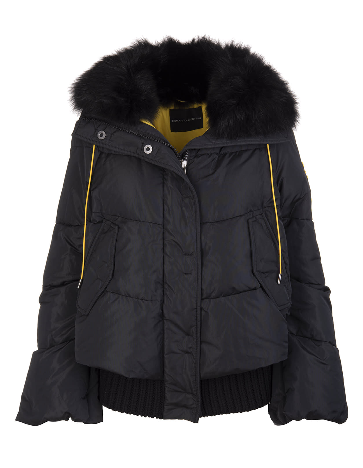 Ermanno Scervino Black And Yellow Short Down Jacket In Taffeta And Nylon With Fox Fur