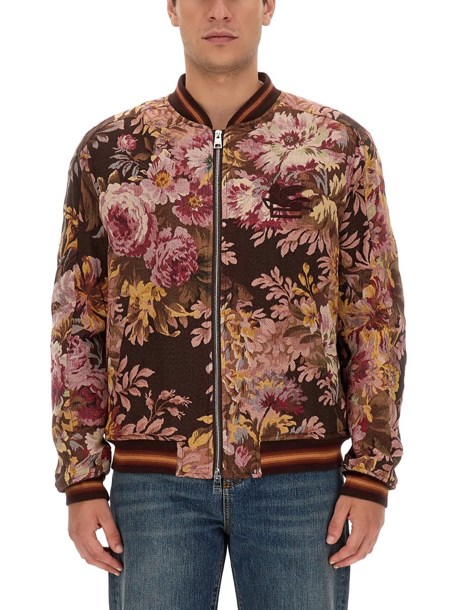 Shop Etro Floral Print Bomber Jacket In Brown